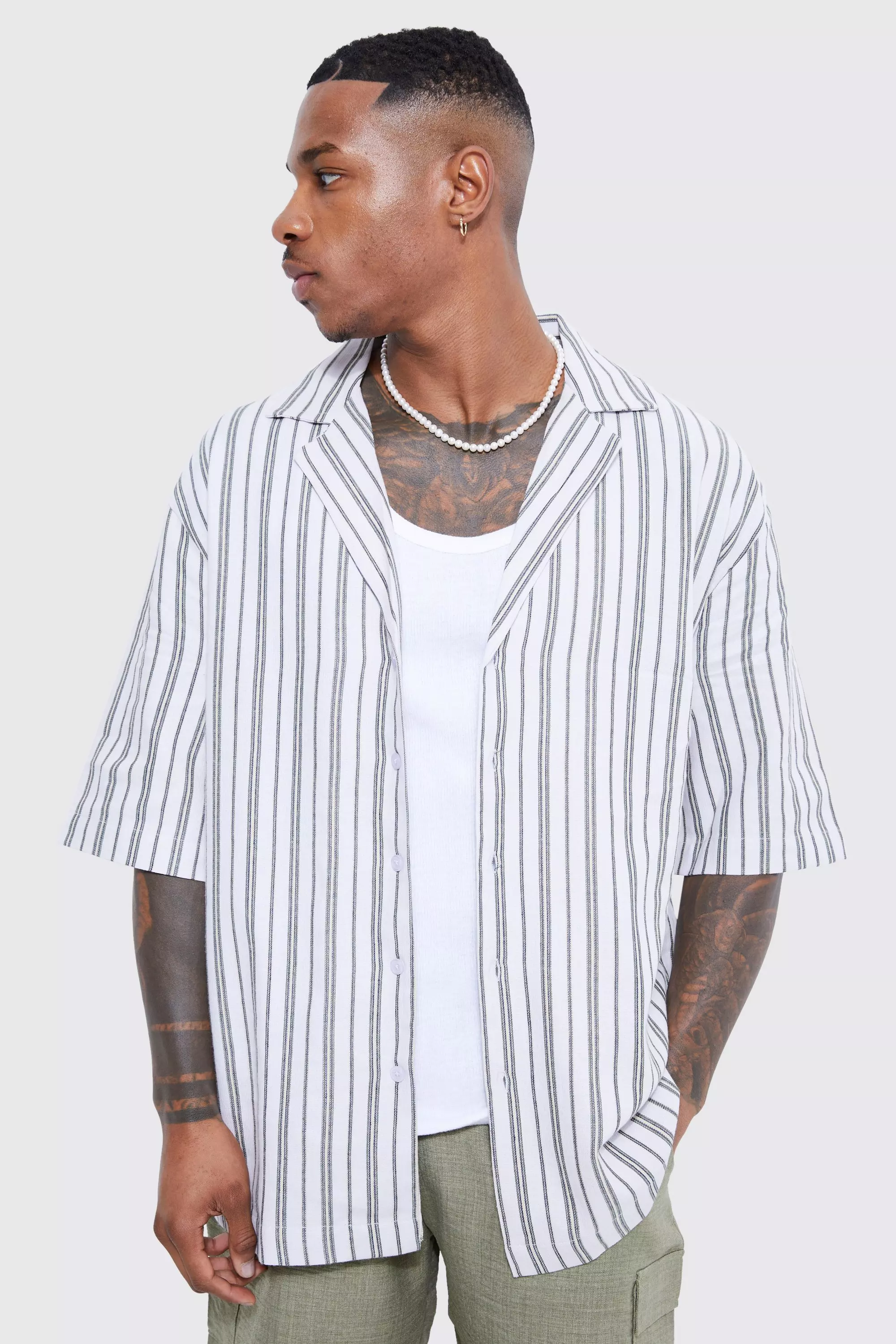 Short Sleeve Drop Revere Stripe Jacquard Shirt | boohooMAN USA