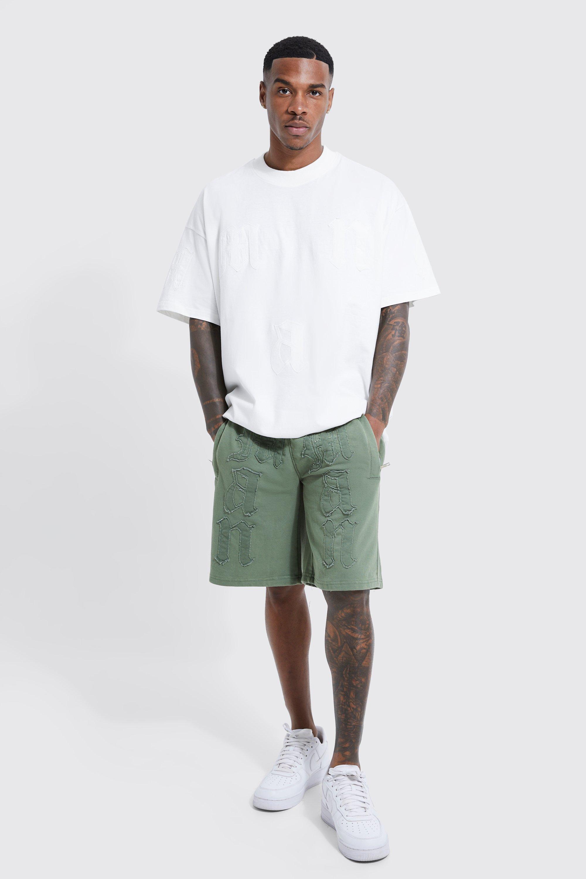 Mens Olive Oversized Man Applique Washed T-shirt & Short Set