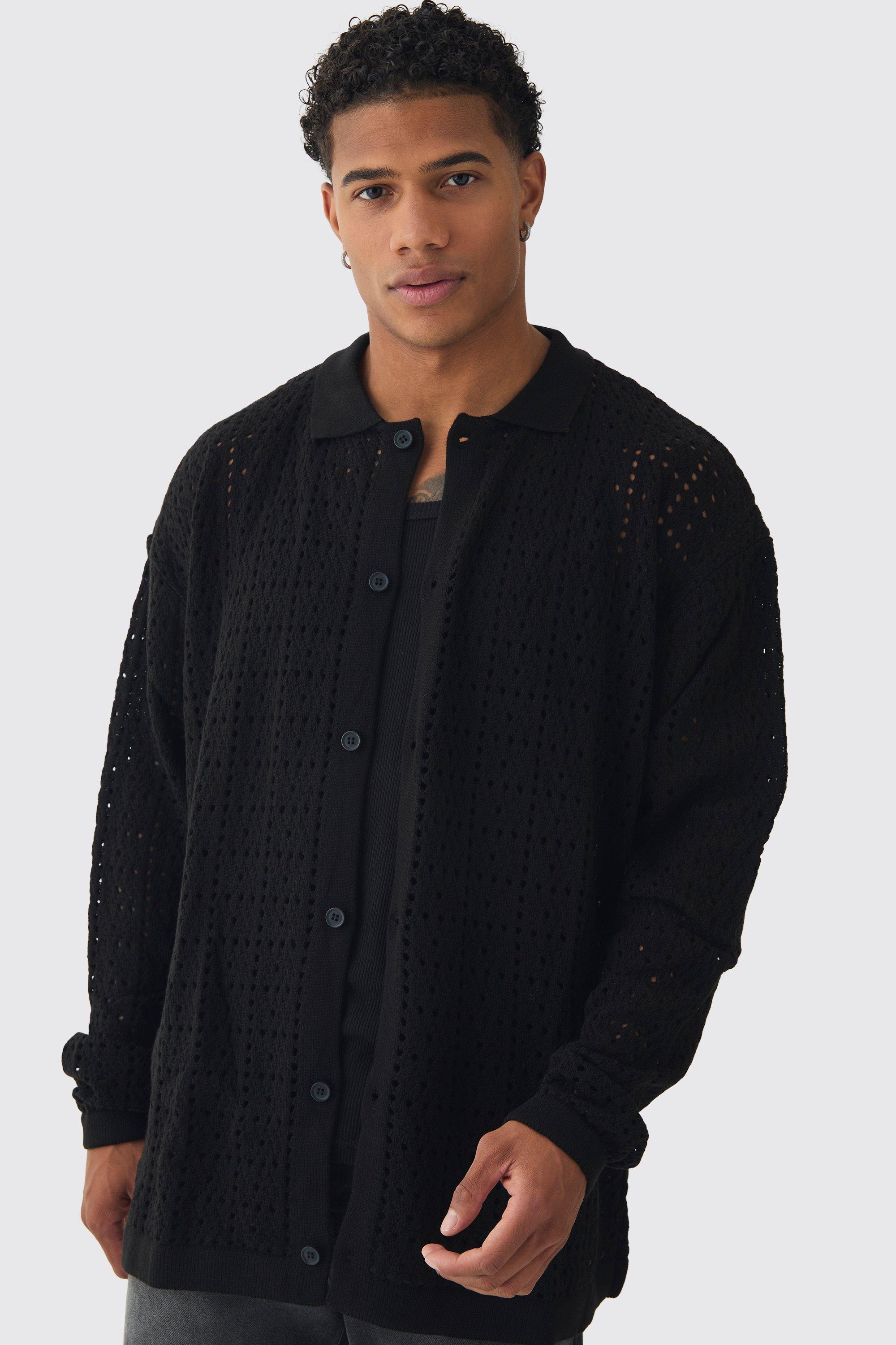 Mens Black Oversized Long Sleeve Crochet Shirt, Black