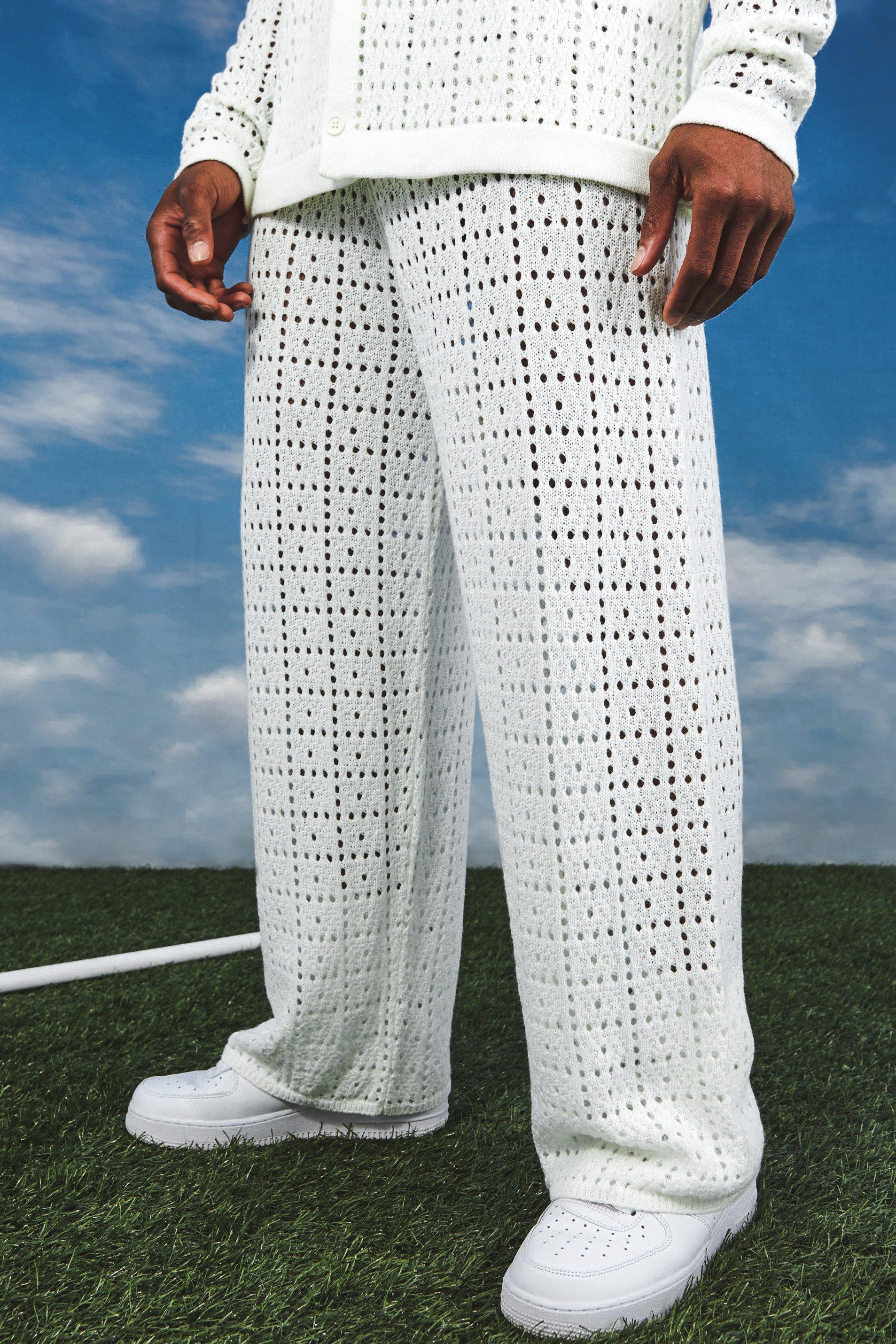 Mens White Relaxed Fit Crochet Trousers, White