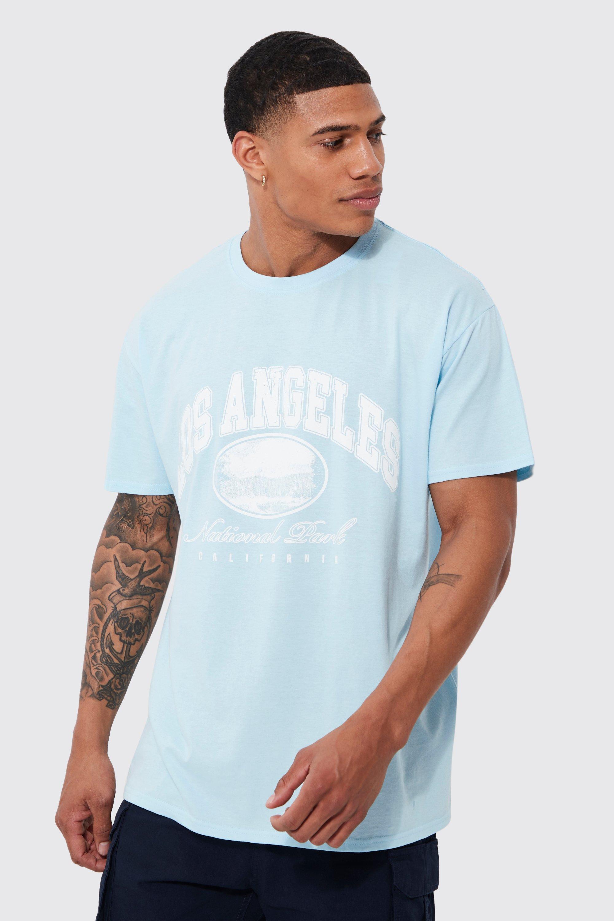 Mens Blue Oversized Los Angeles Varsity Graphic T-shirt, Blue
