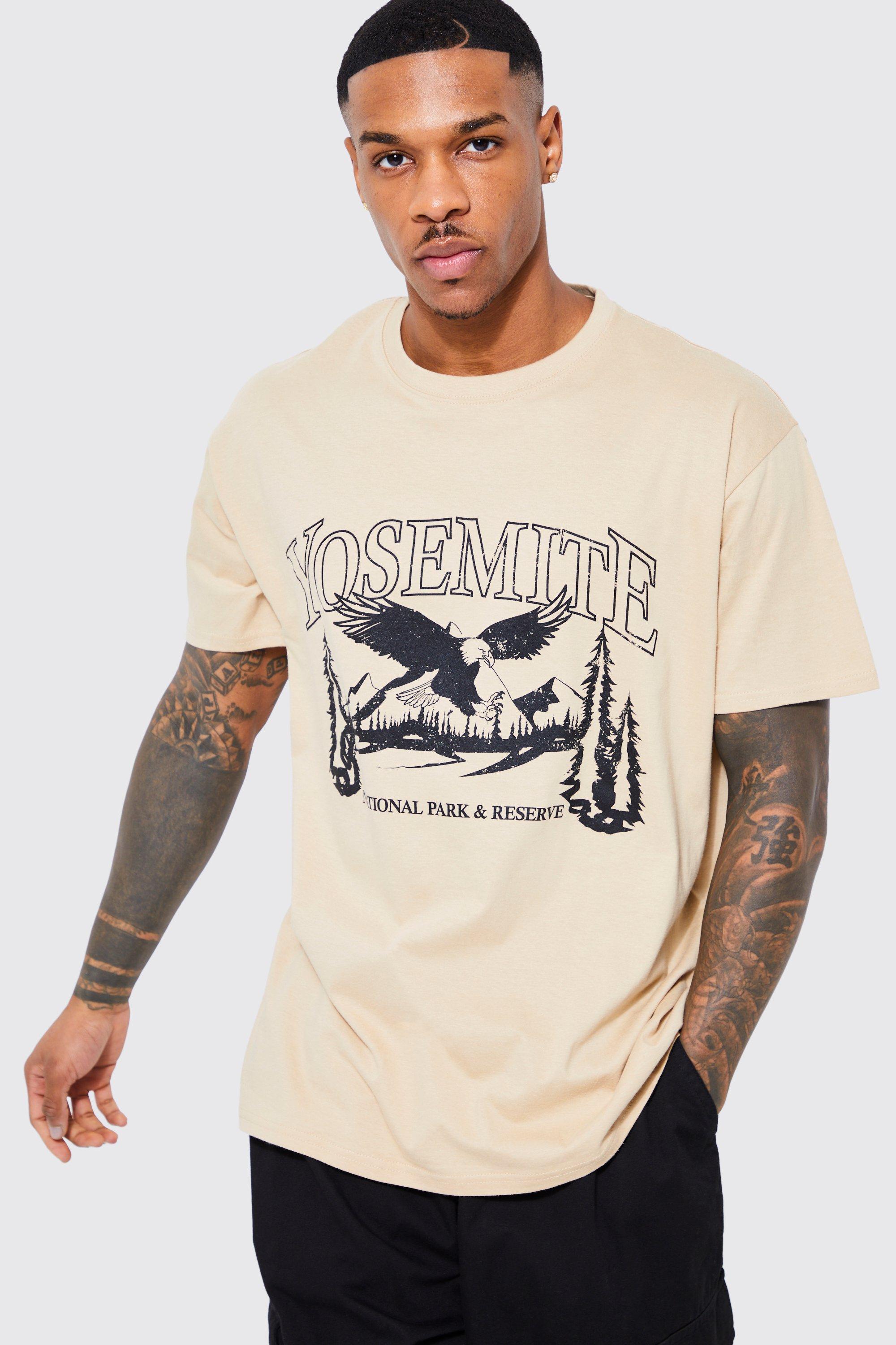 Mens Beige Oversized Yosemite Graphic T-shirt, Beige