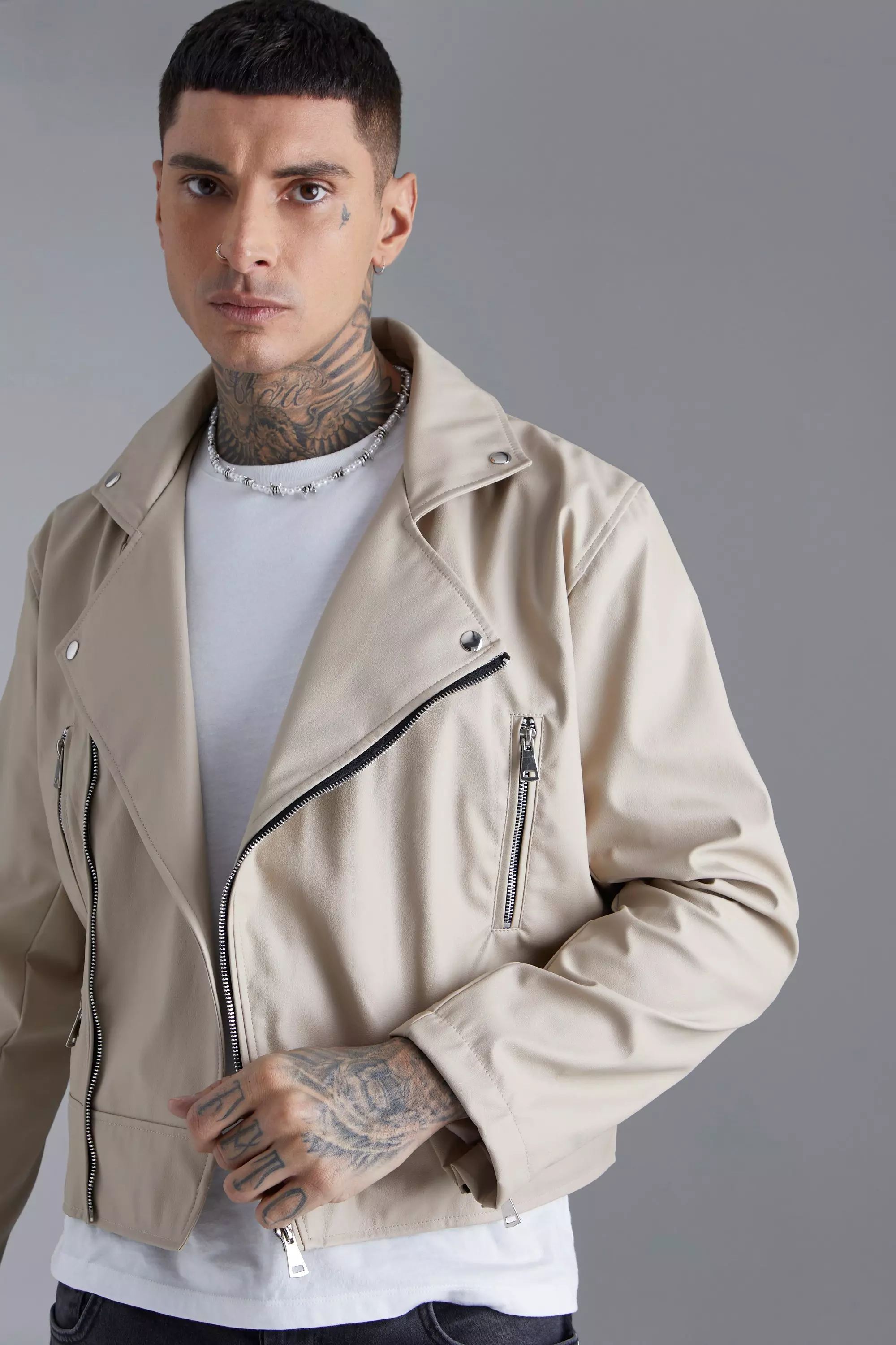 Beige faux outlet leather jacket