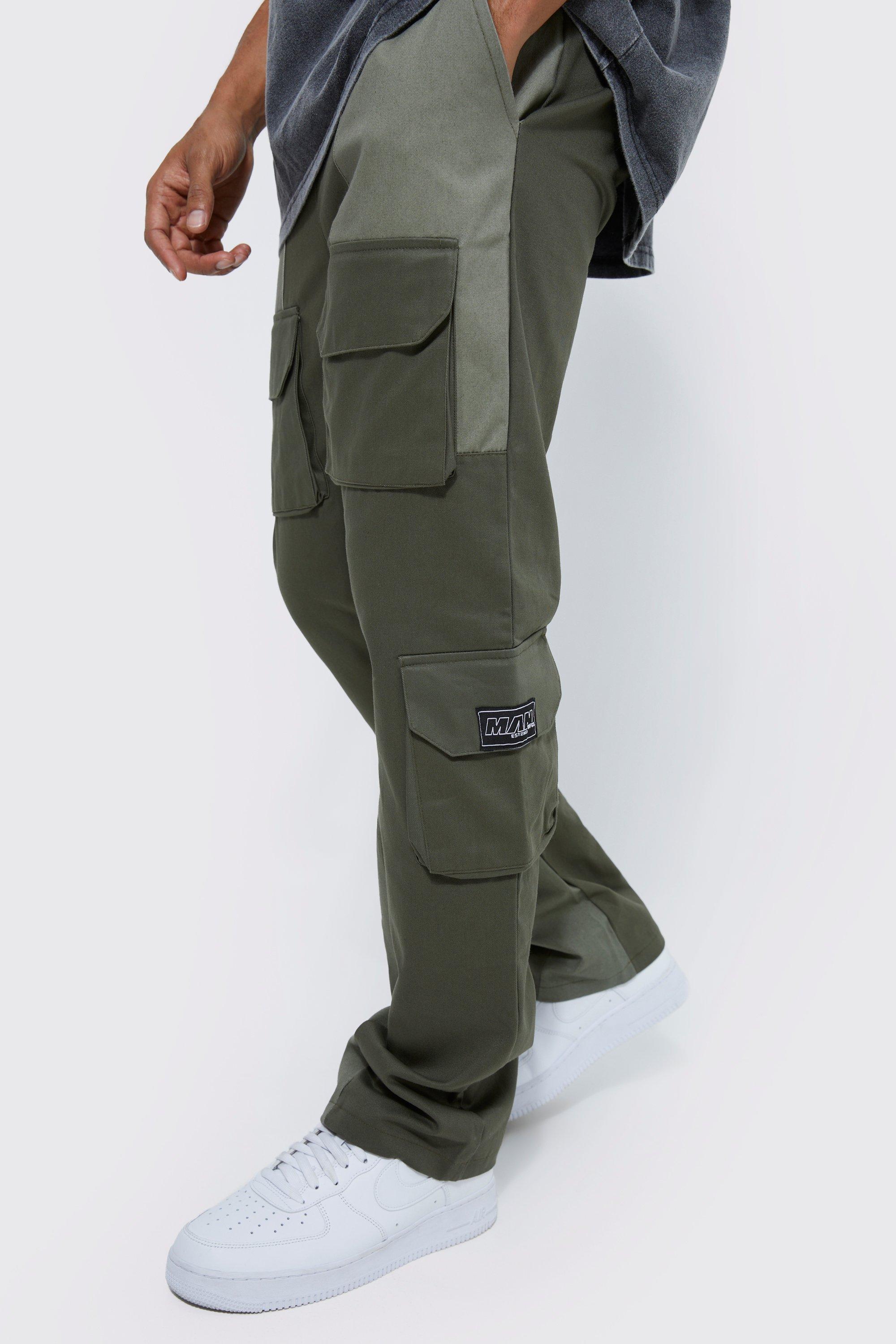 Mens Green Fixed Slim Flare Colourblock Cargo Trouser, Green