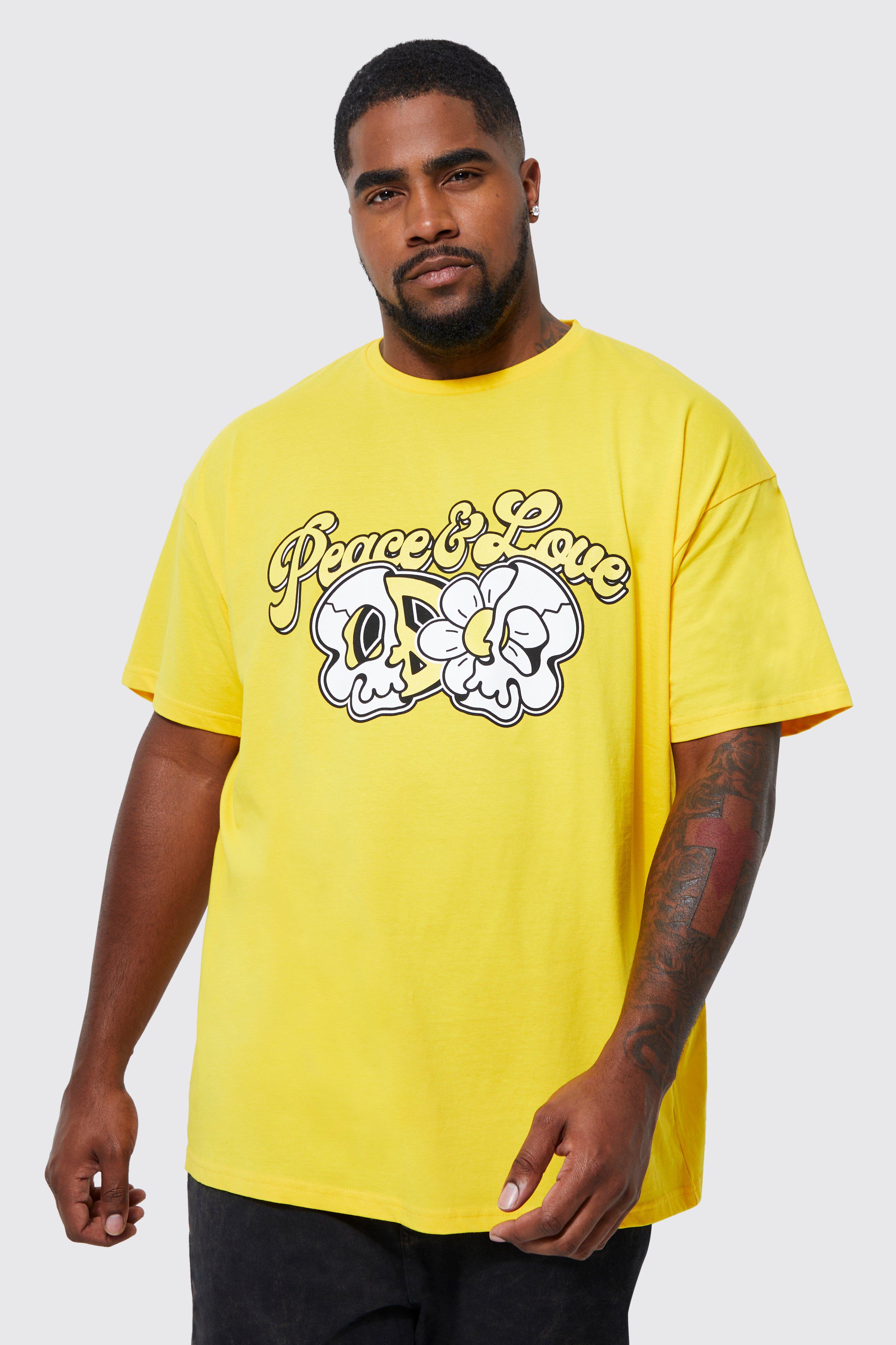 Mens Yellow Plus Peace & Love Graphic T-shirt, Yellow