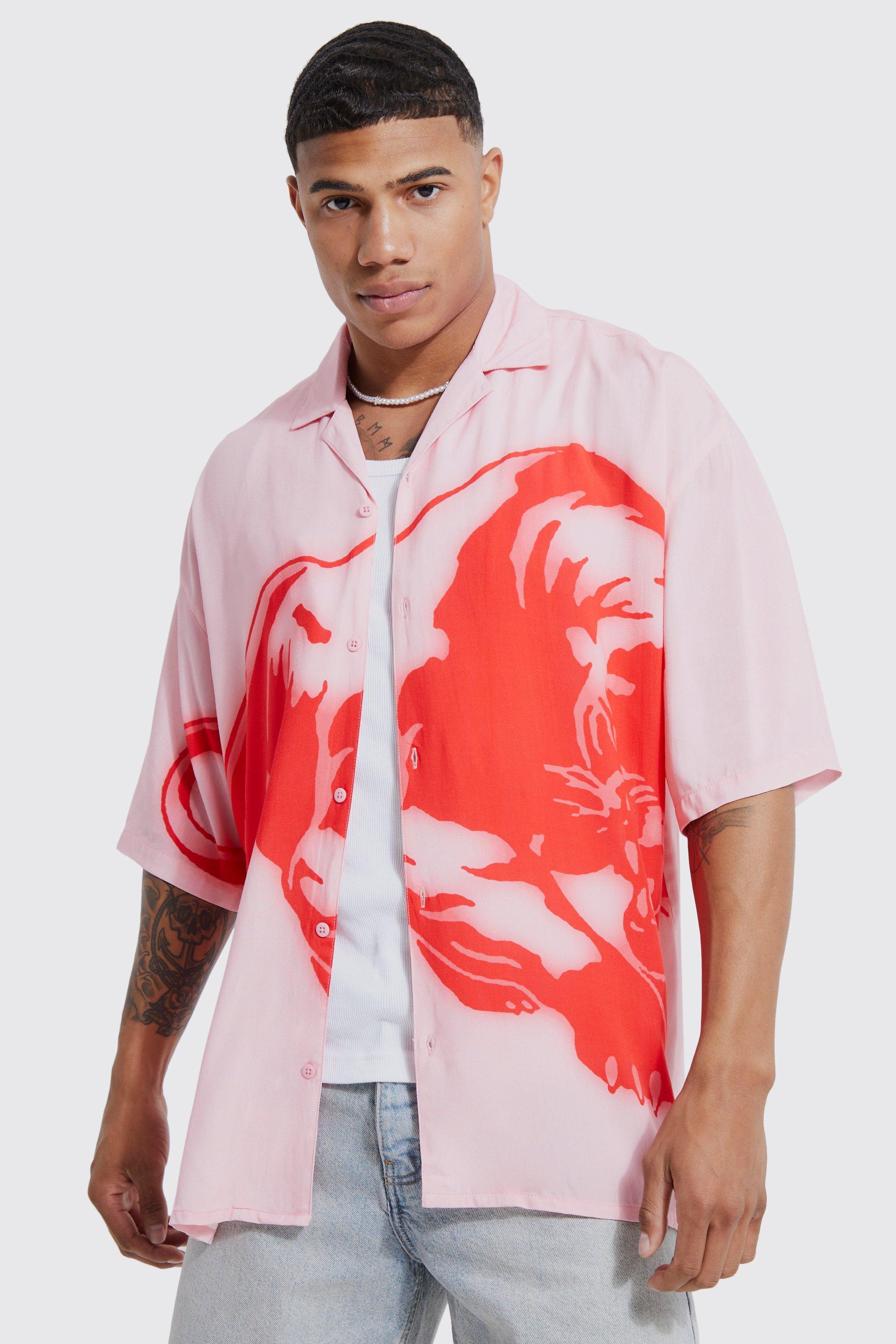 Mens Pink Short Sleeve Oversized Boxy Viscose Line Panther Shirt, Pink