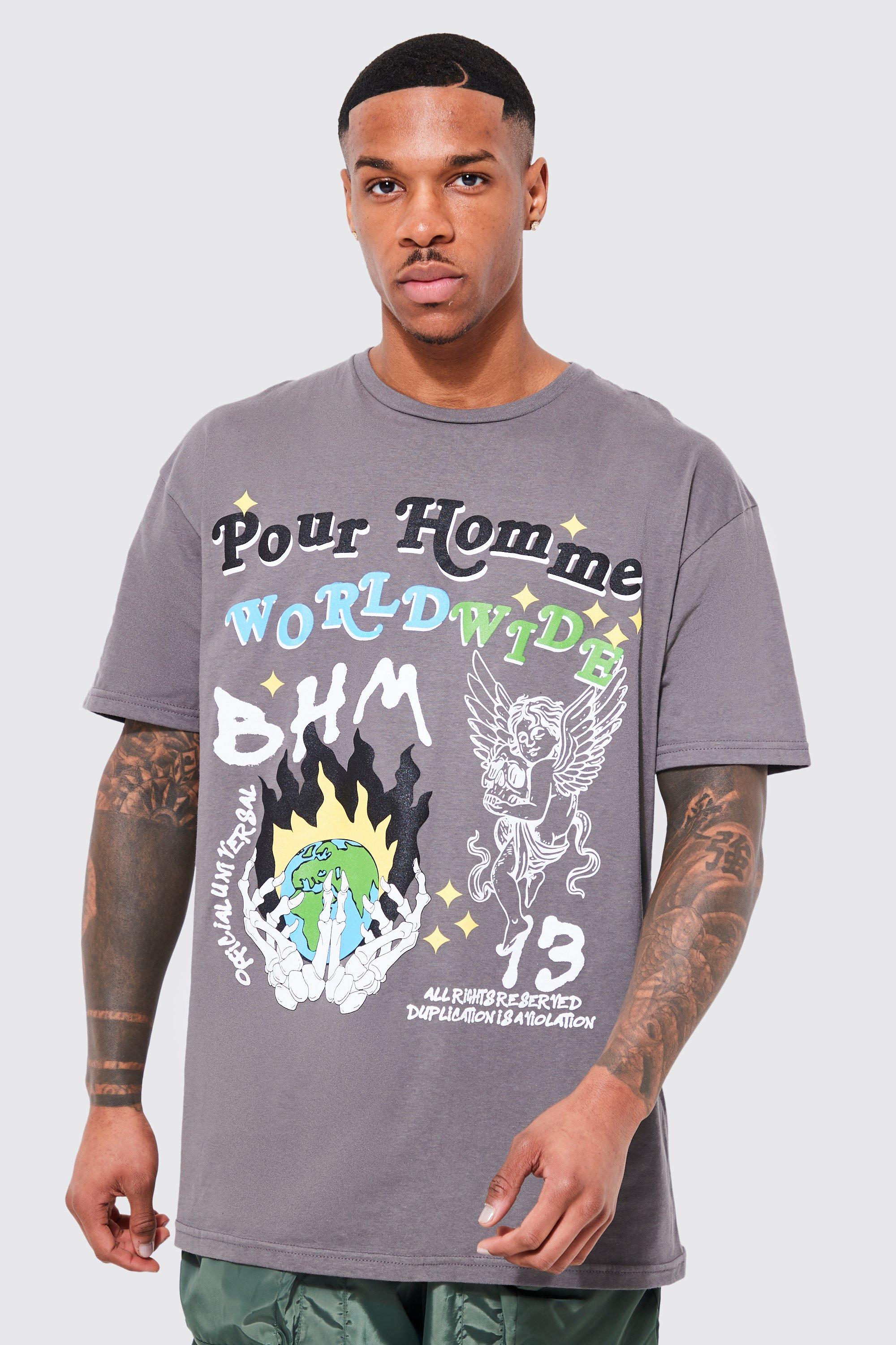 men's oversized pour homme doodle graphic t-shirt - grey - s, grey