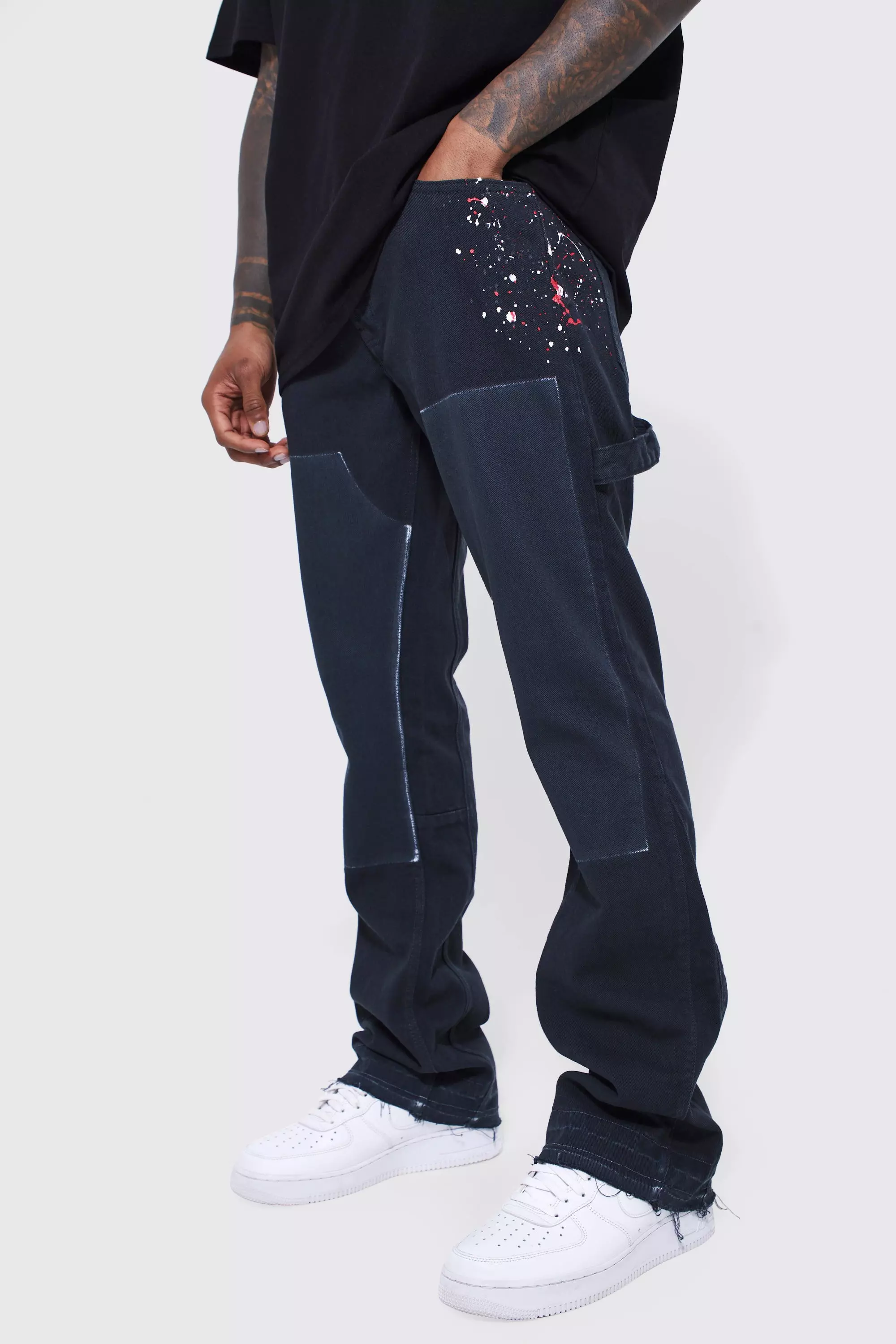 Tall Slim Flare Popper Hem Paint Splatter Cargo Pants