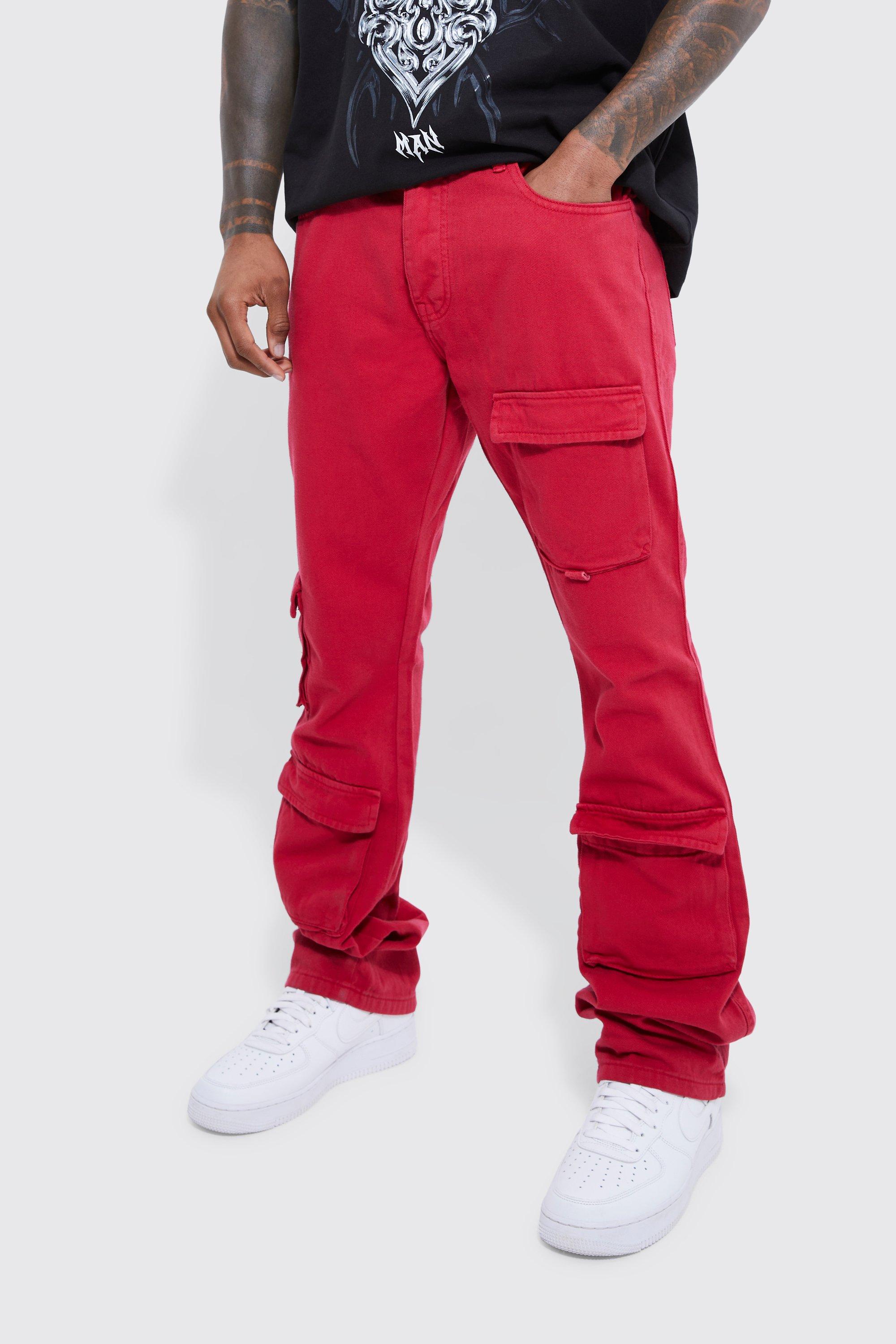 Mens Red Fixed Waist Skinny Stacked Cargo Trouser, Red