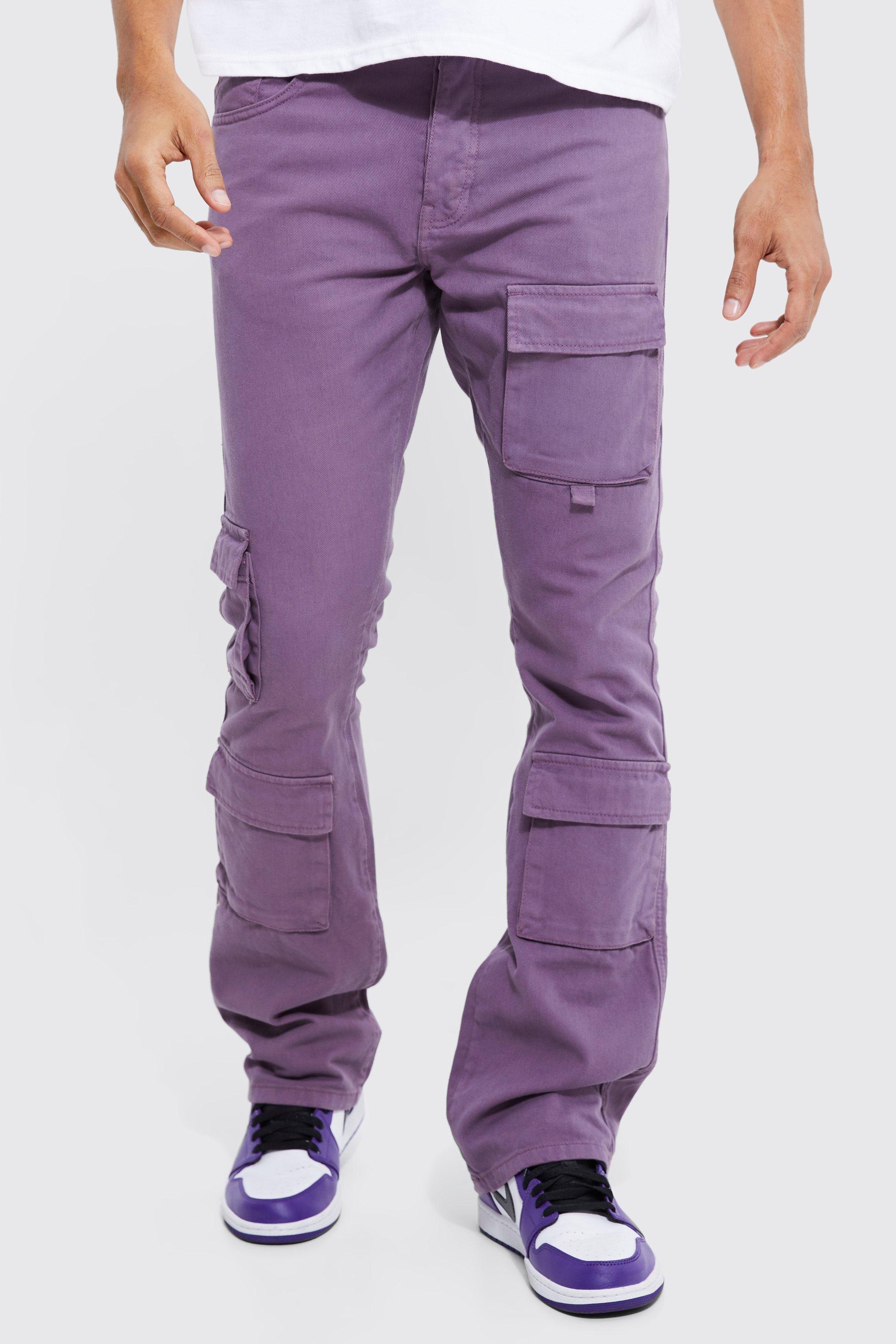 Mens Purple Fixed Waist Skinny Stacked Cargo Trouser, Purple