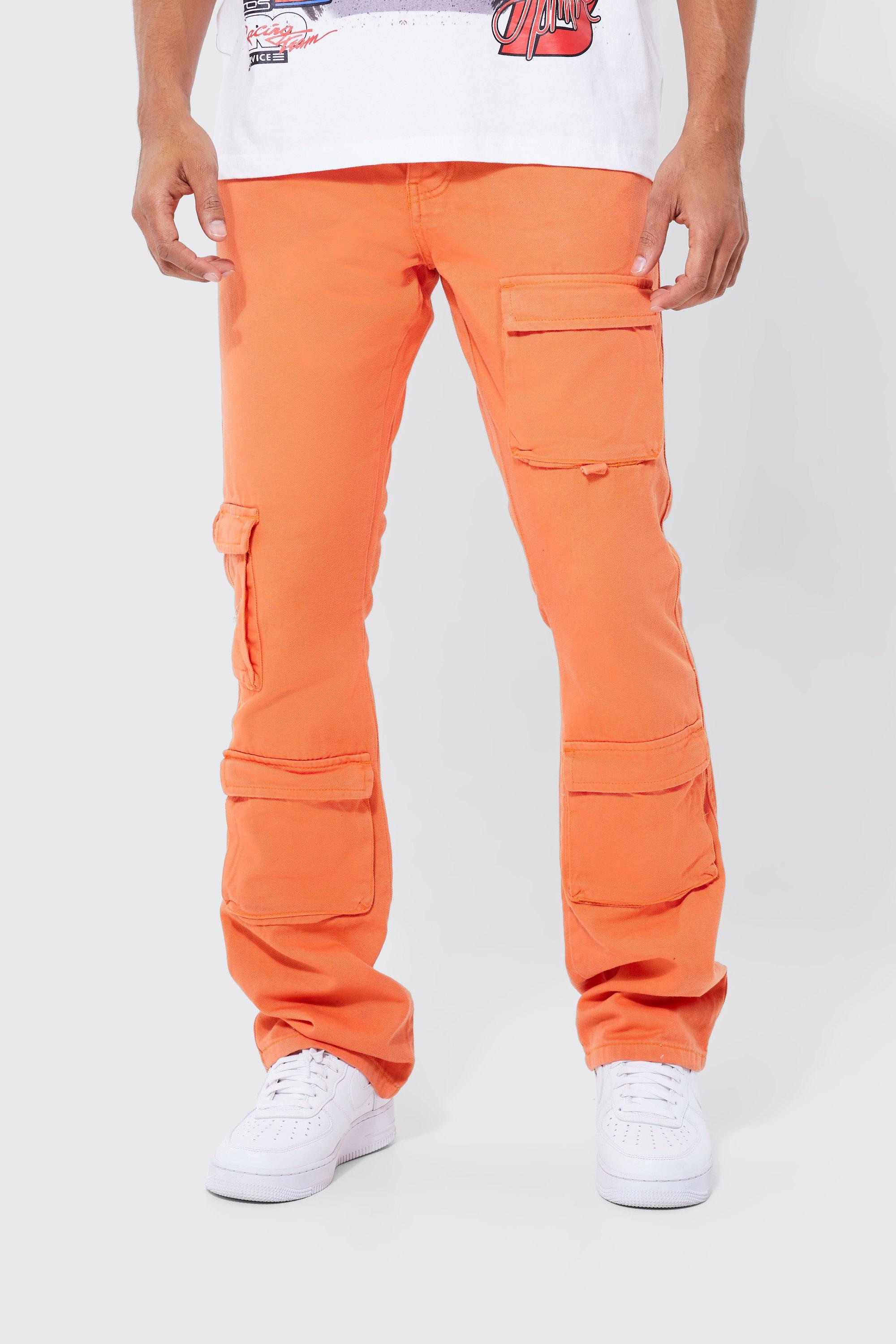 Mens Orange Fixed Waist Skinny Stacked Cargo Trouser, Orange