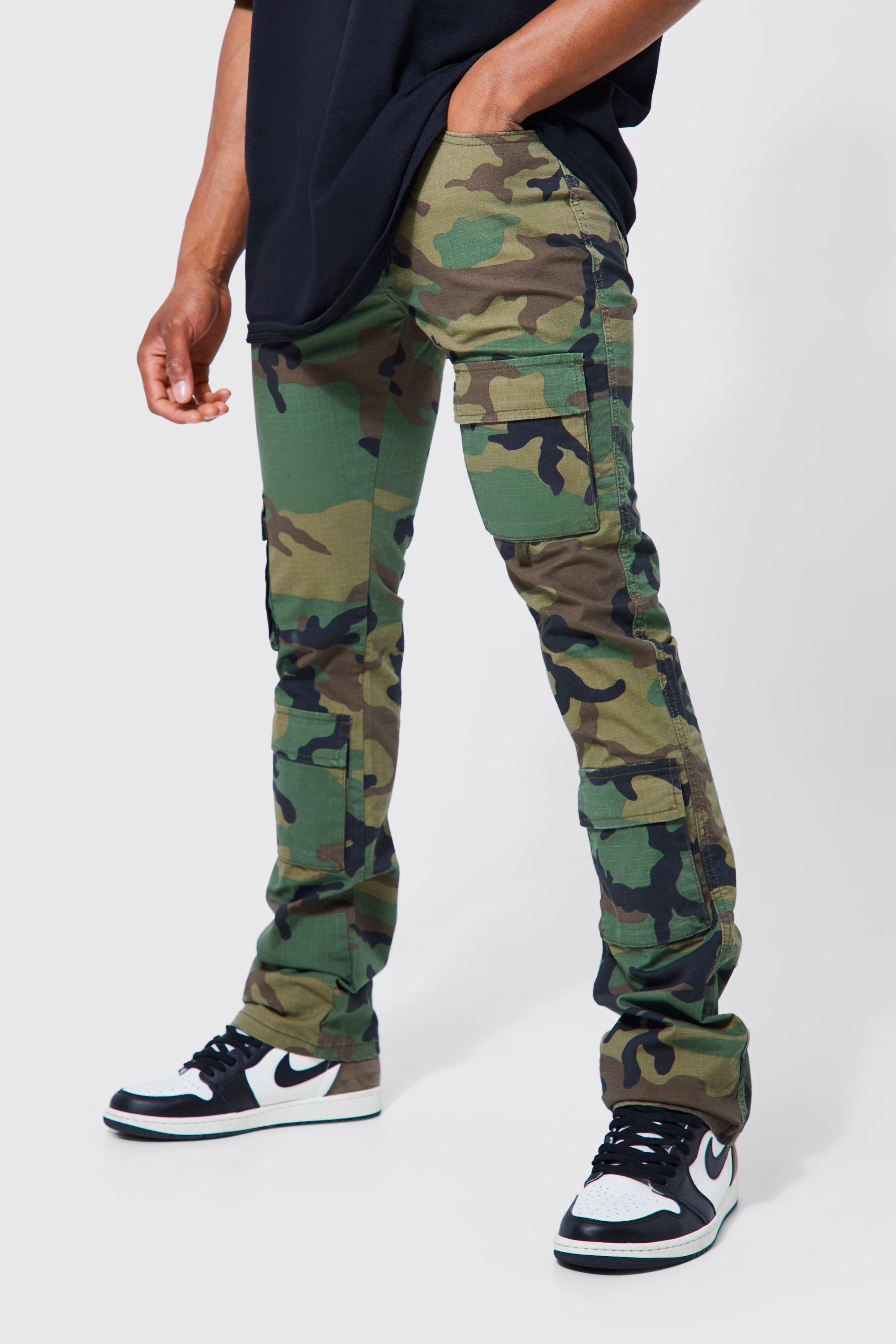 Mens Green Fixed Waist Skinny Stacked Camo Cargo Trouser, Green