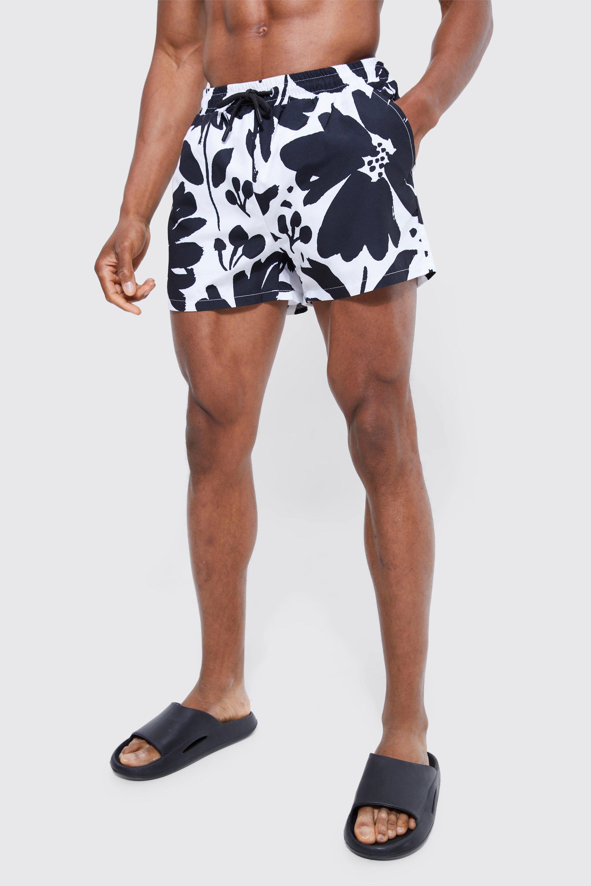 Mens Black Short Length Floral Swim Shorts, Black