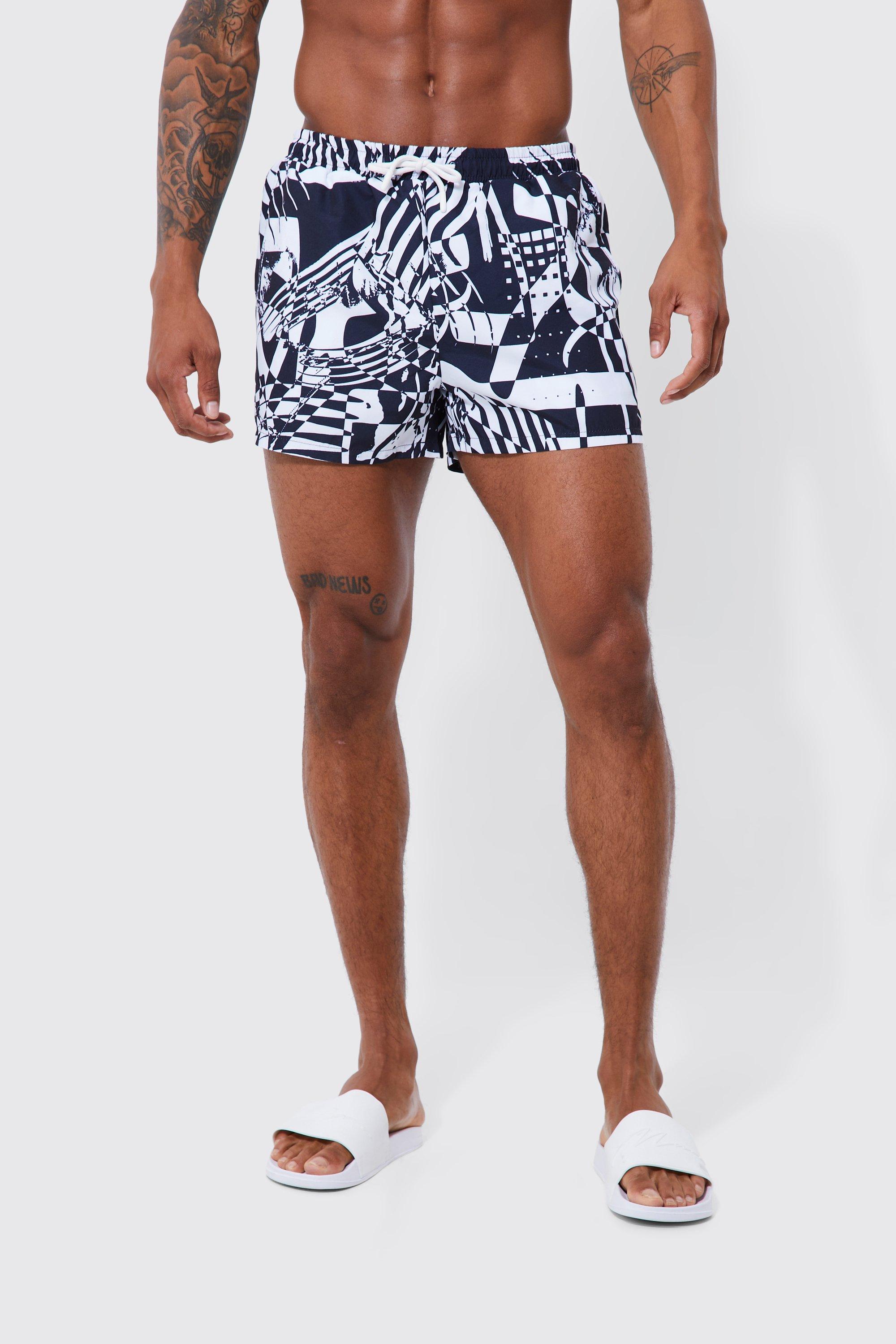 Mens Black Short Length Abstract Print Swim Shorts, Black