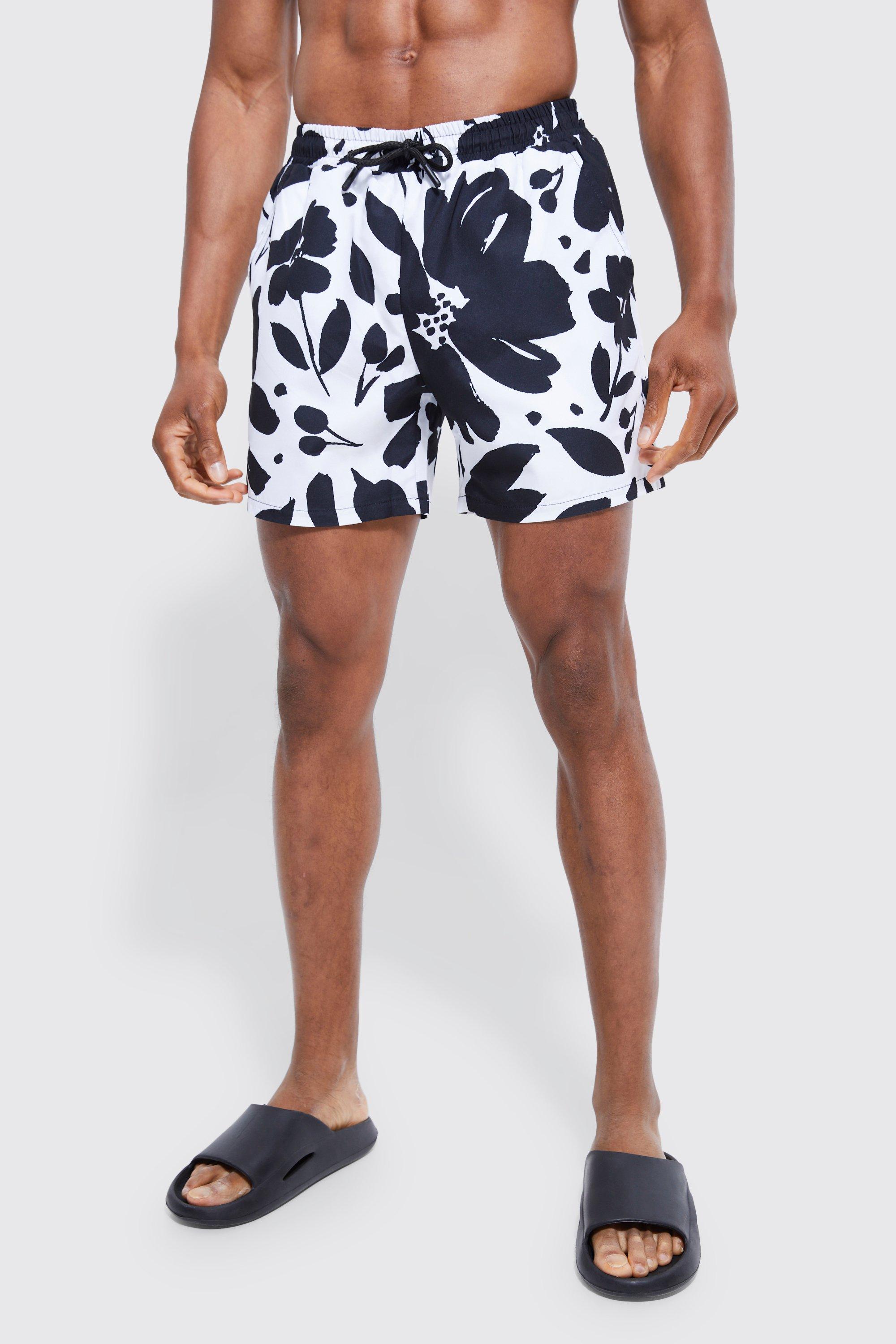 Mens White Mid Length Floral Swim Shorts, White