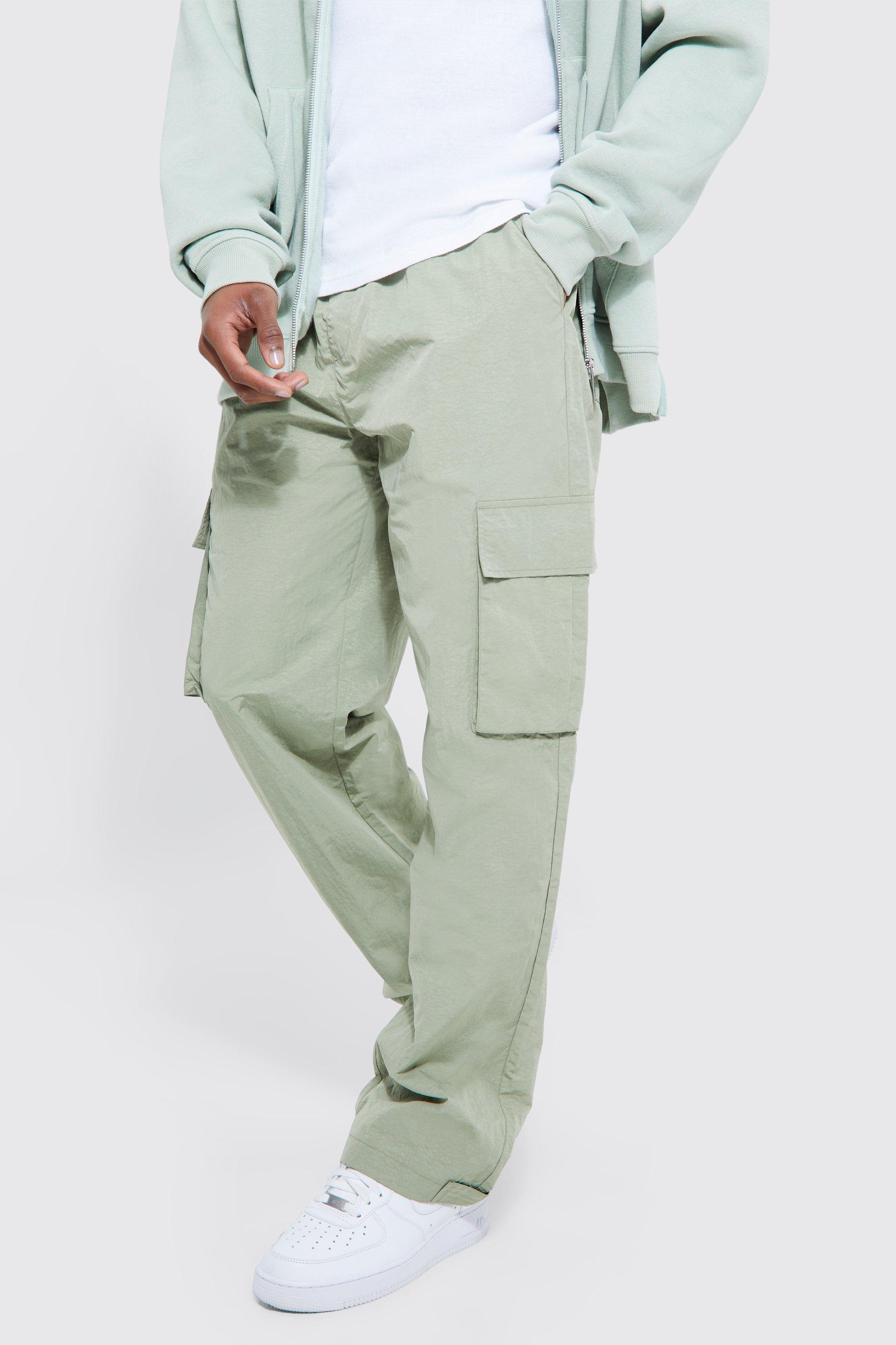Mens Green Elasticated Waist Parachute Straight Fit Cargo Trousers with Adjustable Hem, Green
