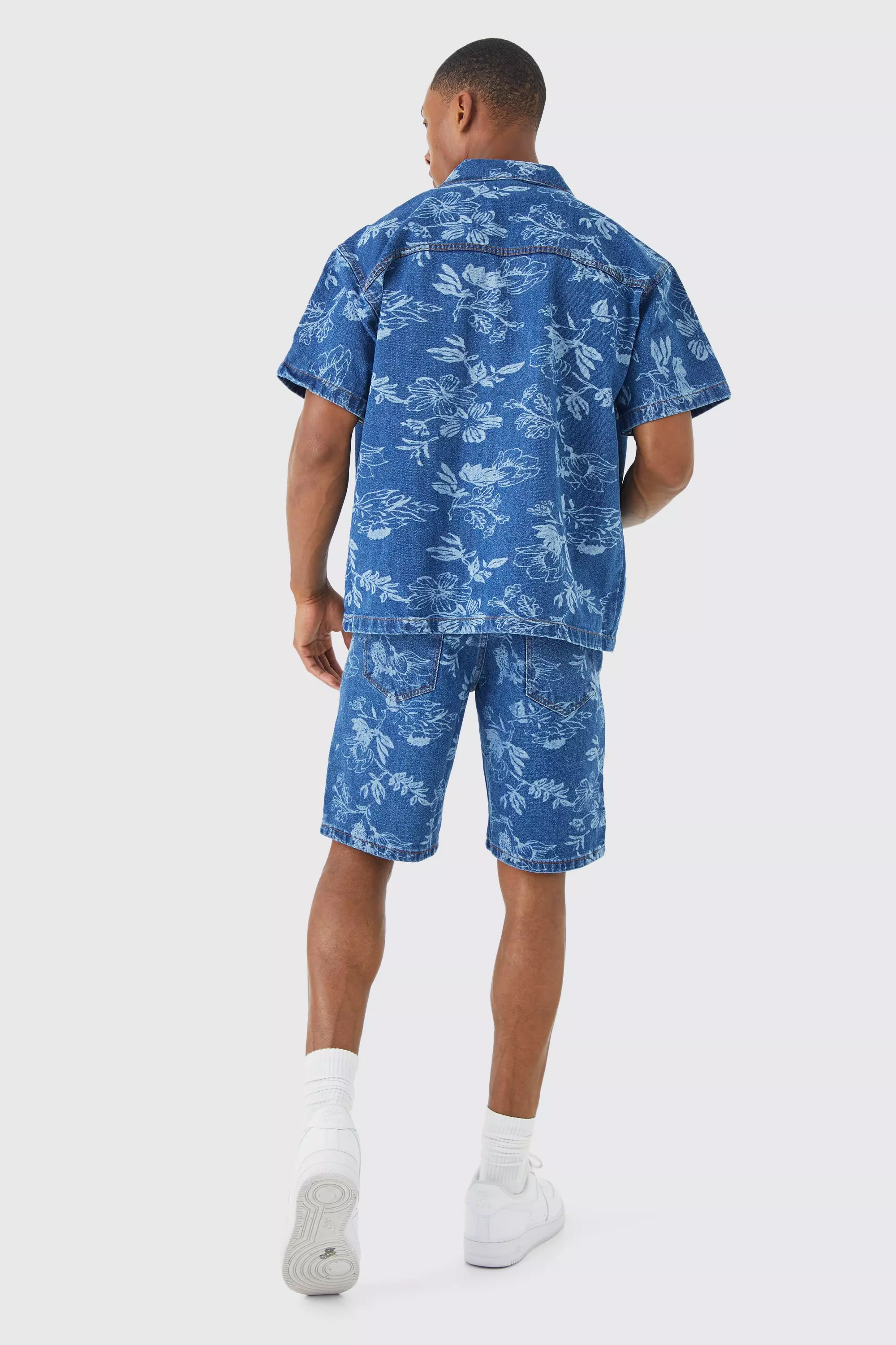 Printed Blue Men's Half Sleeve Denim Shirt
