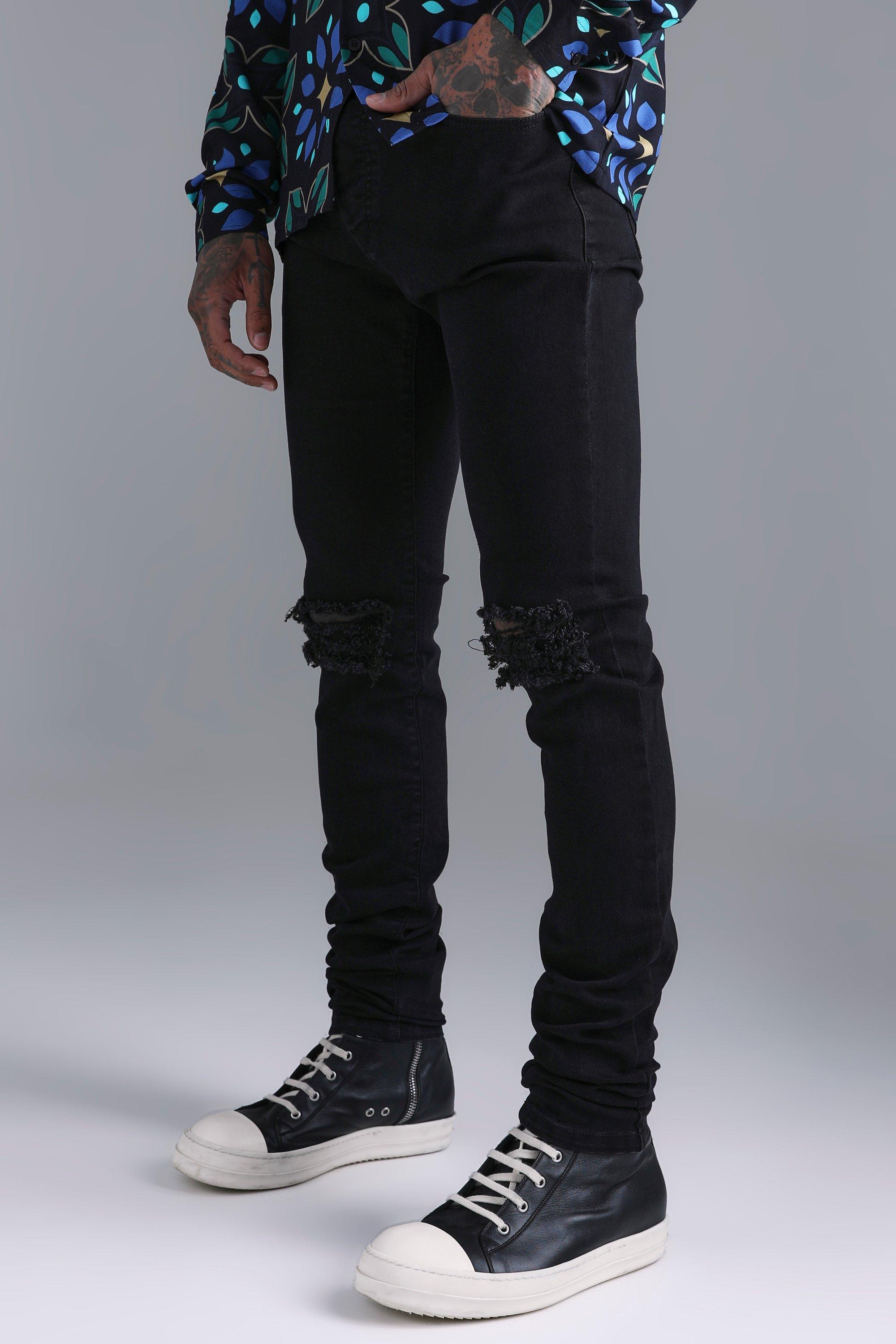 Mens Black Skinny Stretch Stacked Ripped Knee Jeans, Black