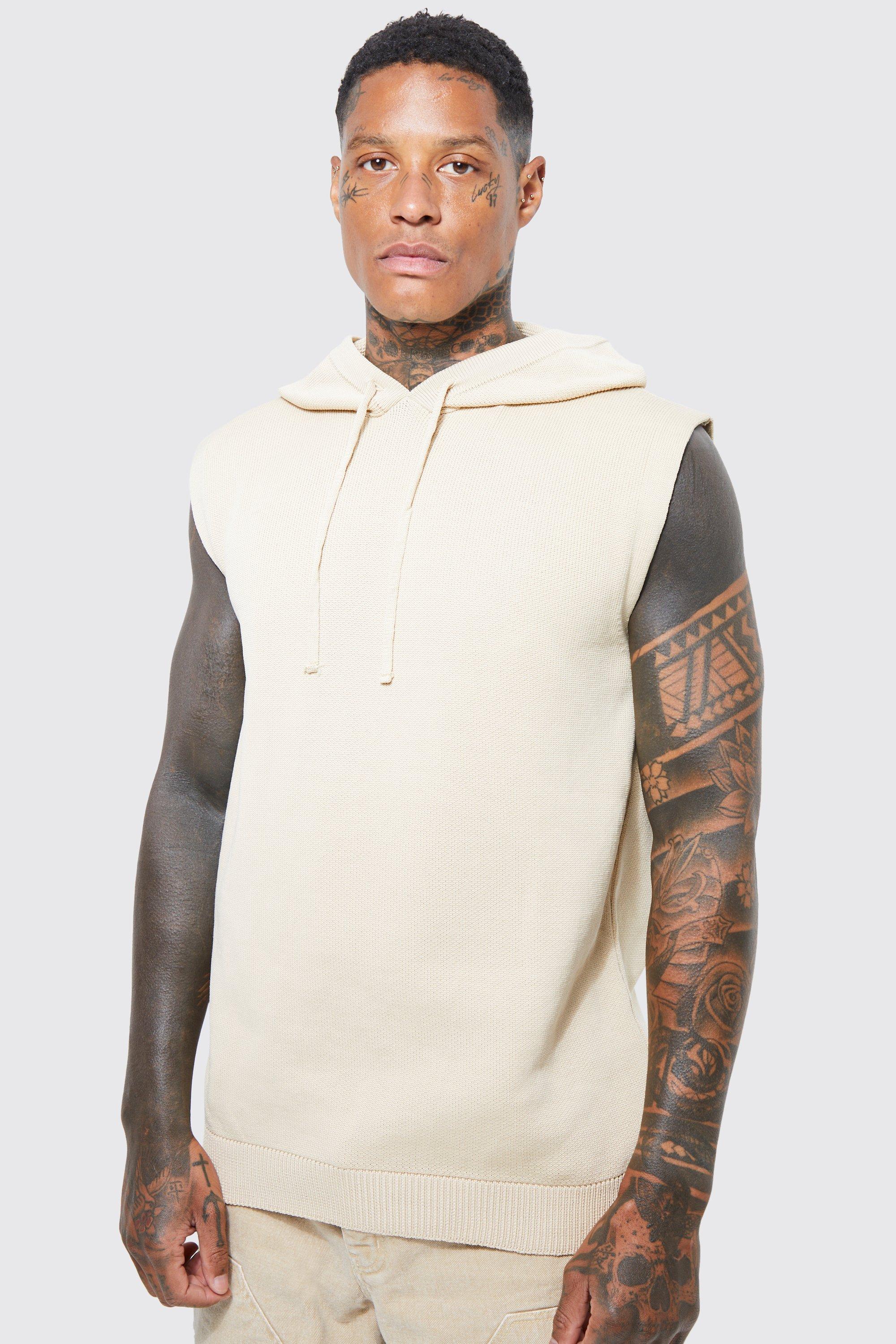 Mens Beige Hooded Knitted vest, Beige