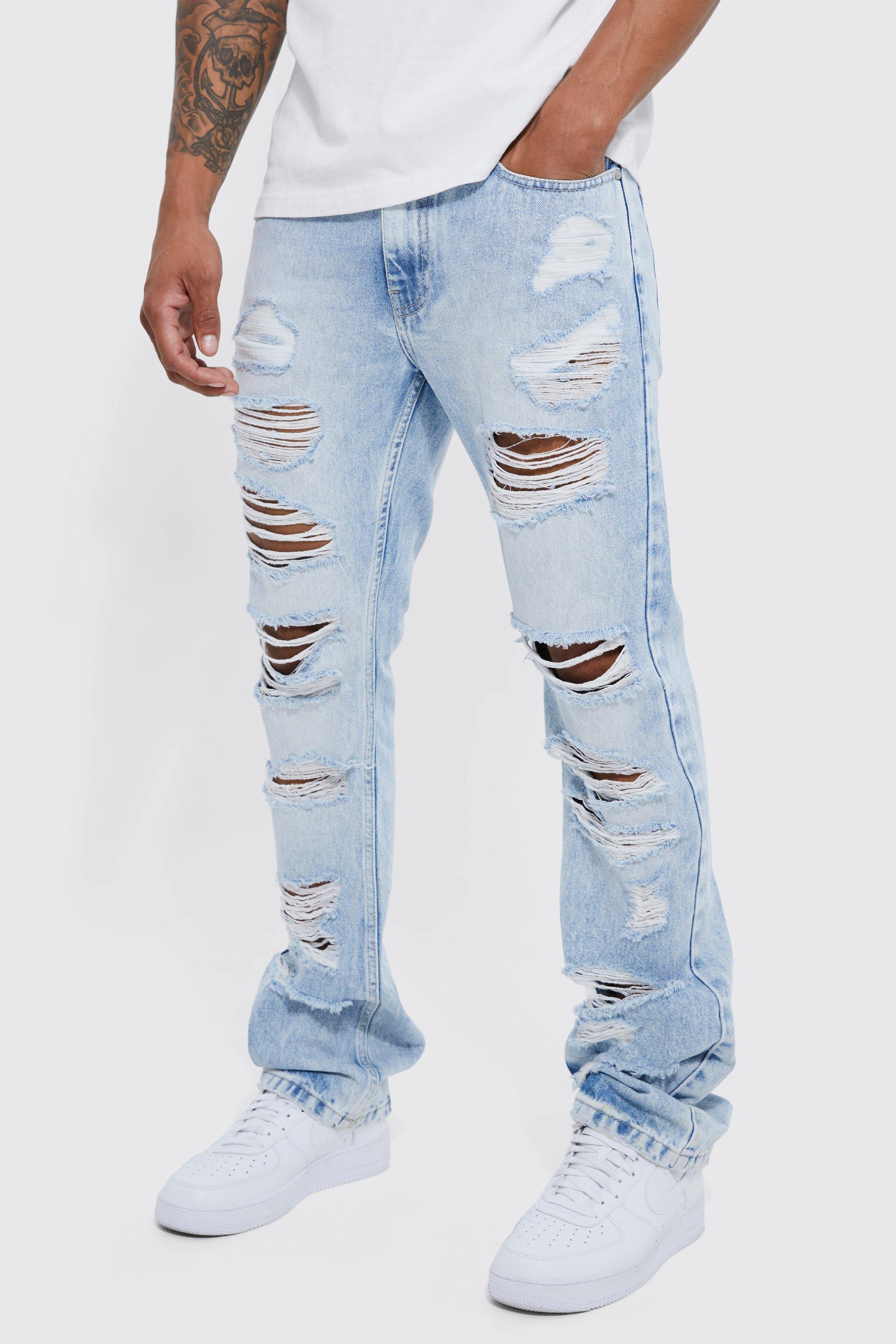 Mens Blue Slim Flare Jeans With All Over Rips, Blue
