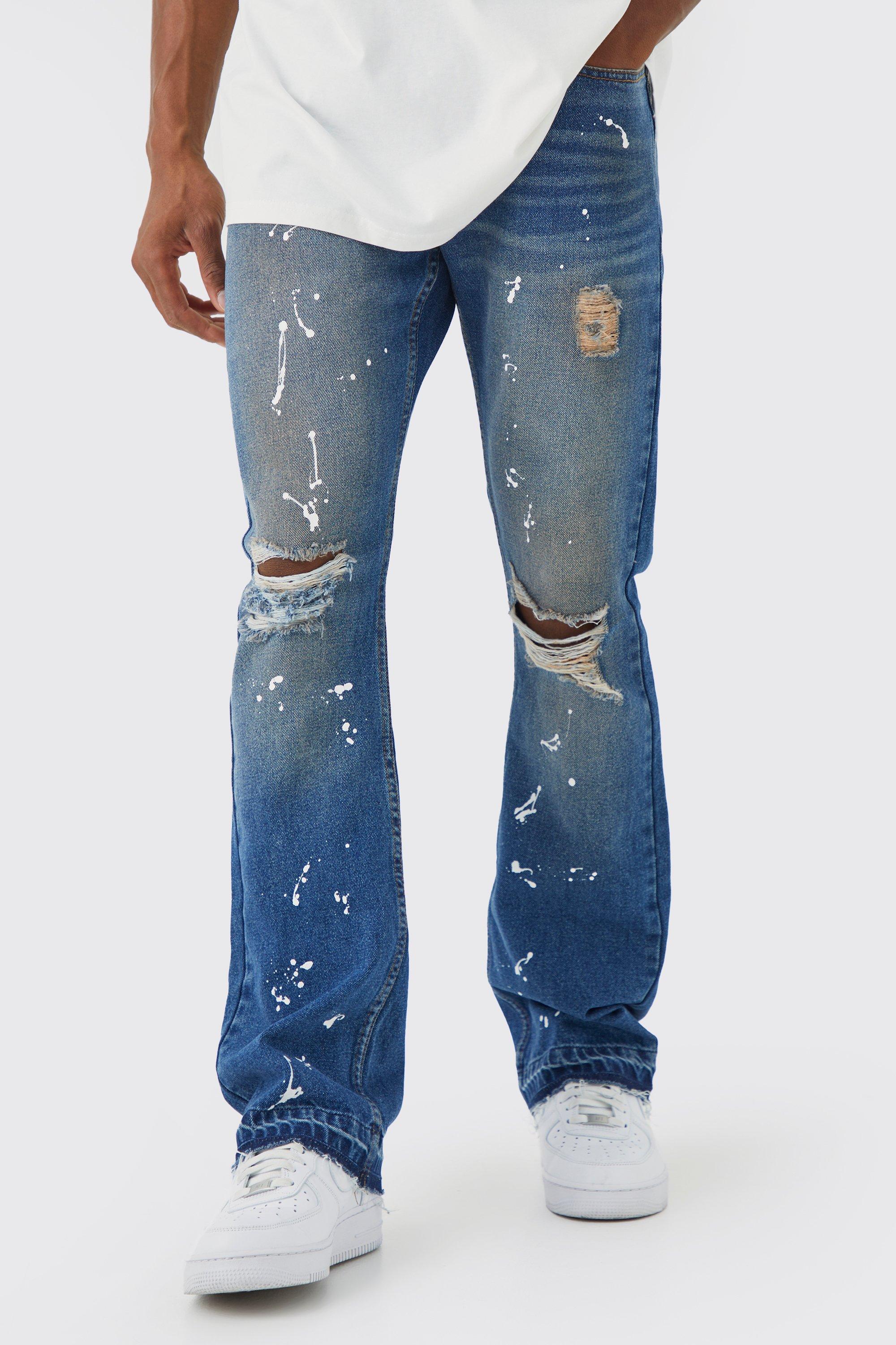 Mens Blue Slim Flare Jeans With Knee Rips, Blue