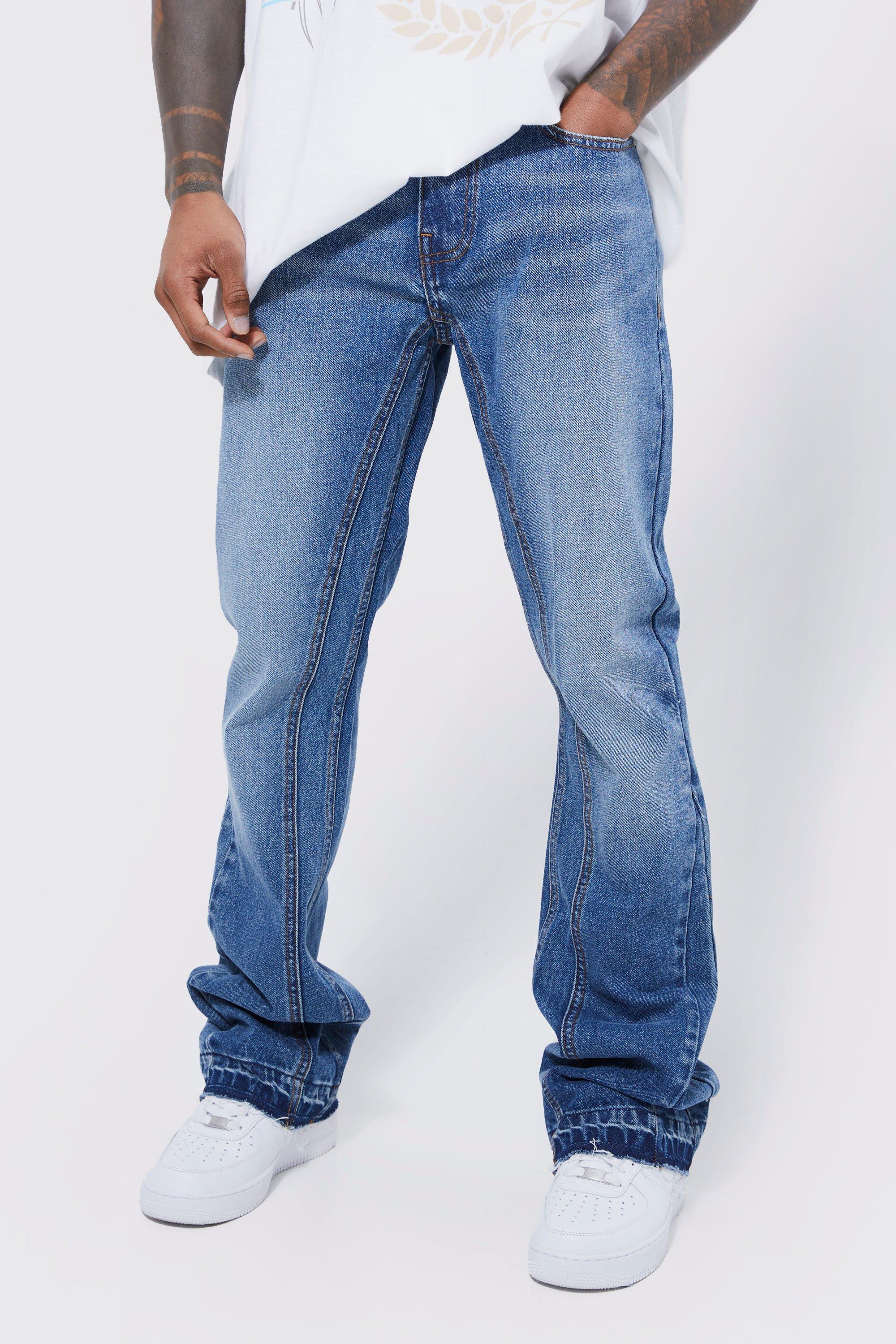 Image of Jeans Slim Fit con pannelli a zampa e strappi sul ginocchio, Azzurro