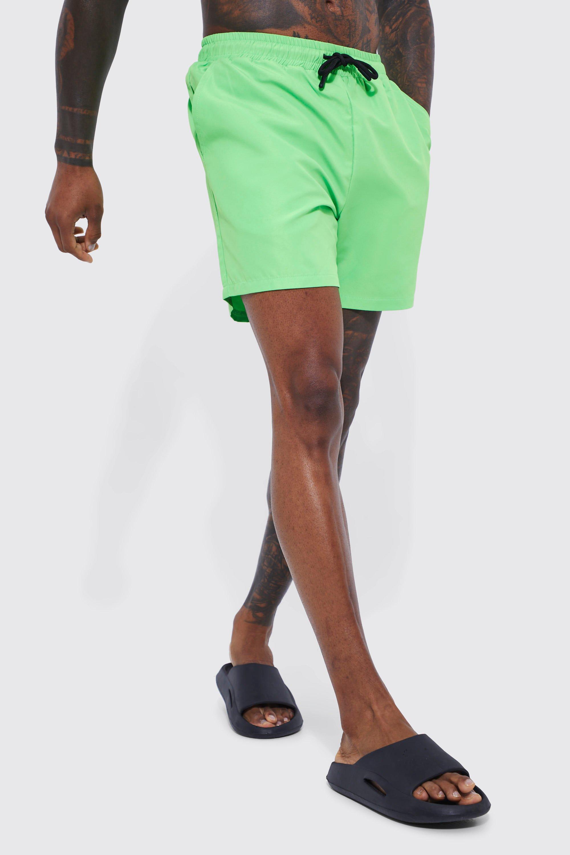 Mens Green Mid Length Plain Swim Shorts, Green