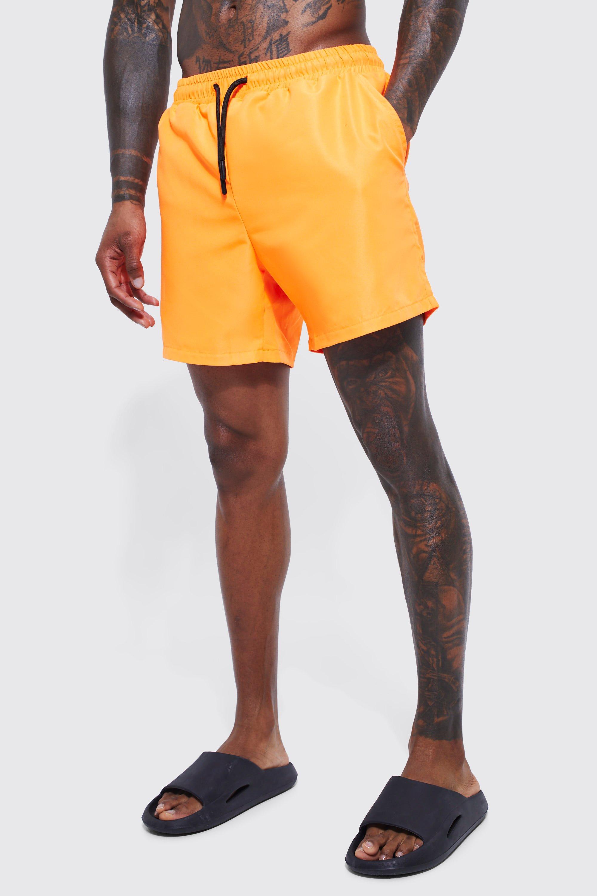 Mens Orange Mid Length Plain Swim Shorts, Orange