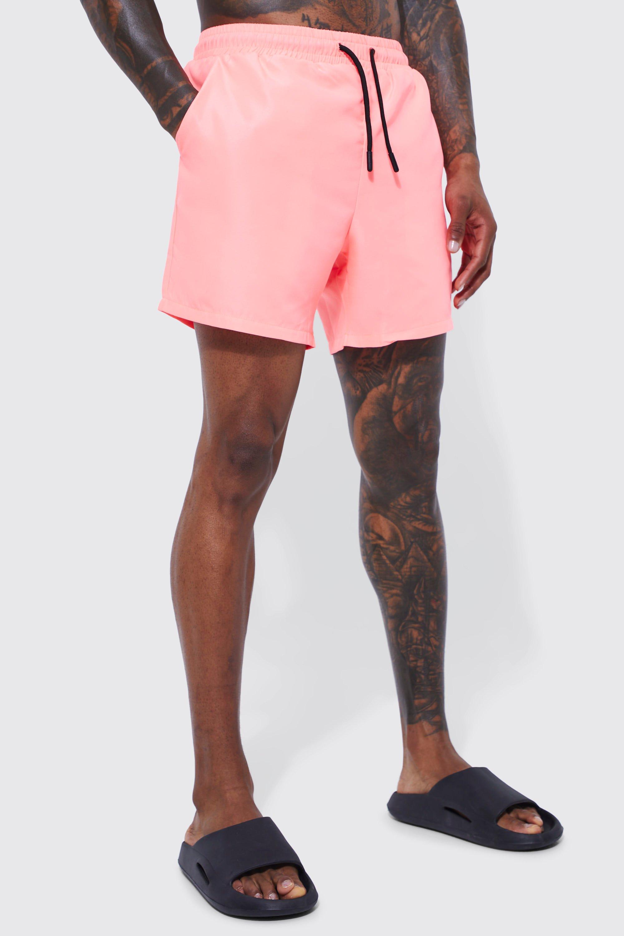 Mens Pink Mid Length Plain Swim Shorts, Pink