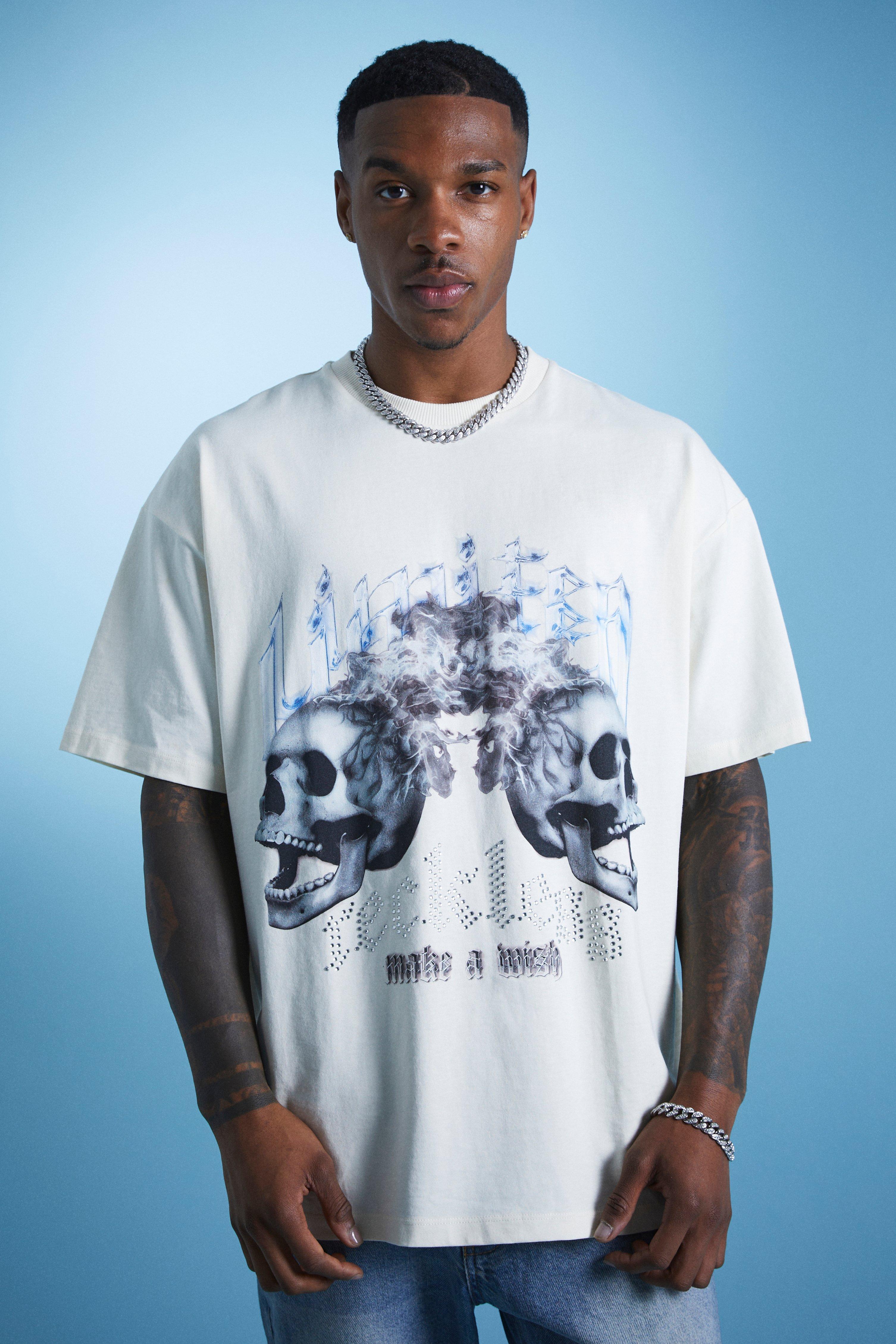 mens cream lil tjay oversized skull graphic & rhinestone t-shirt, cream