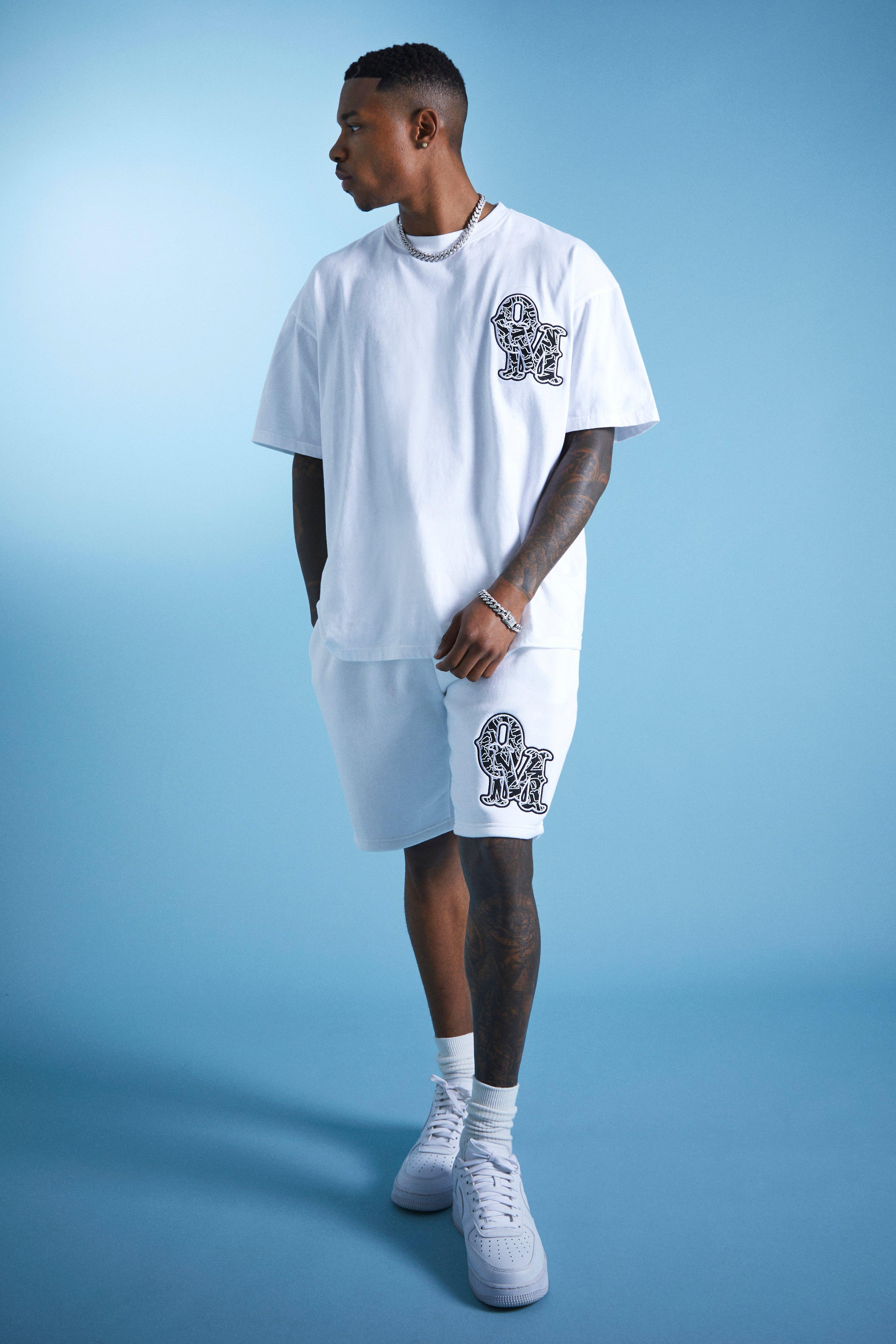 mens white oversized applique t-shirt & short set, white