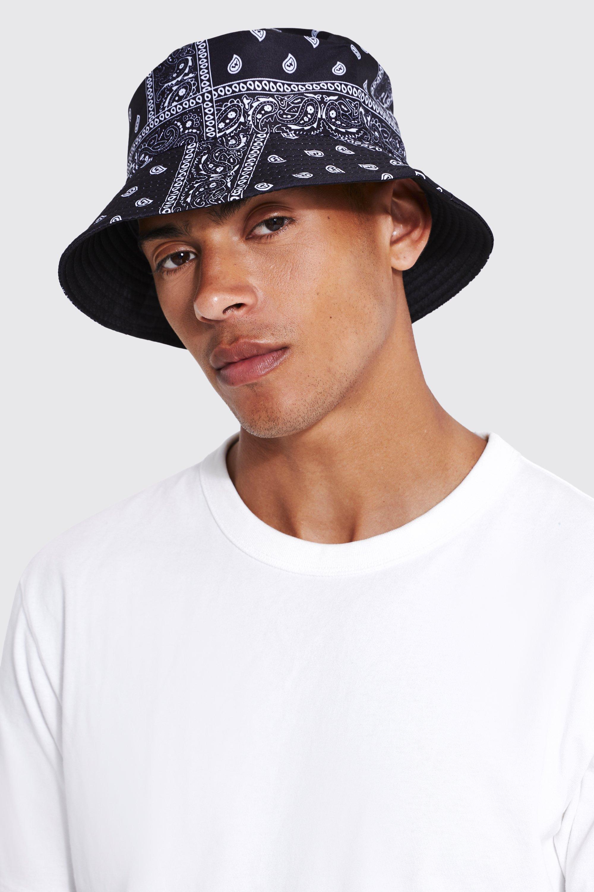 Mens Black Bandana Printed Bucket Hat, Black