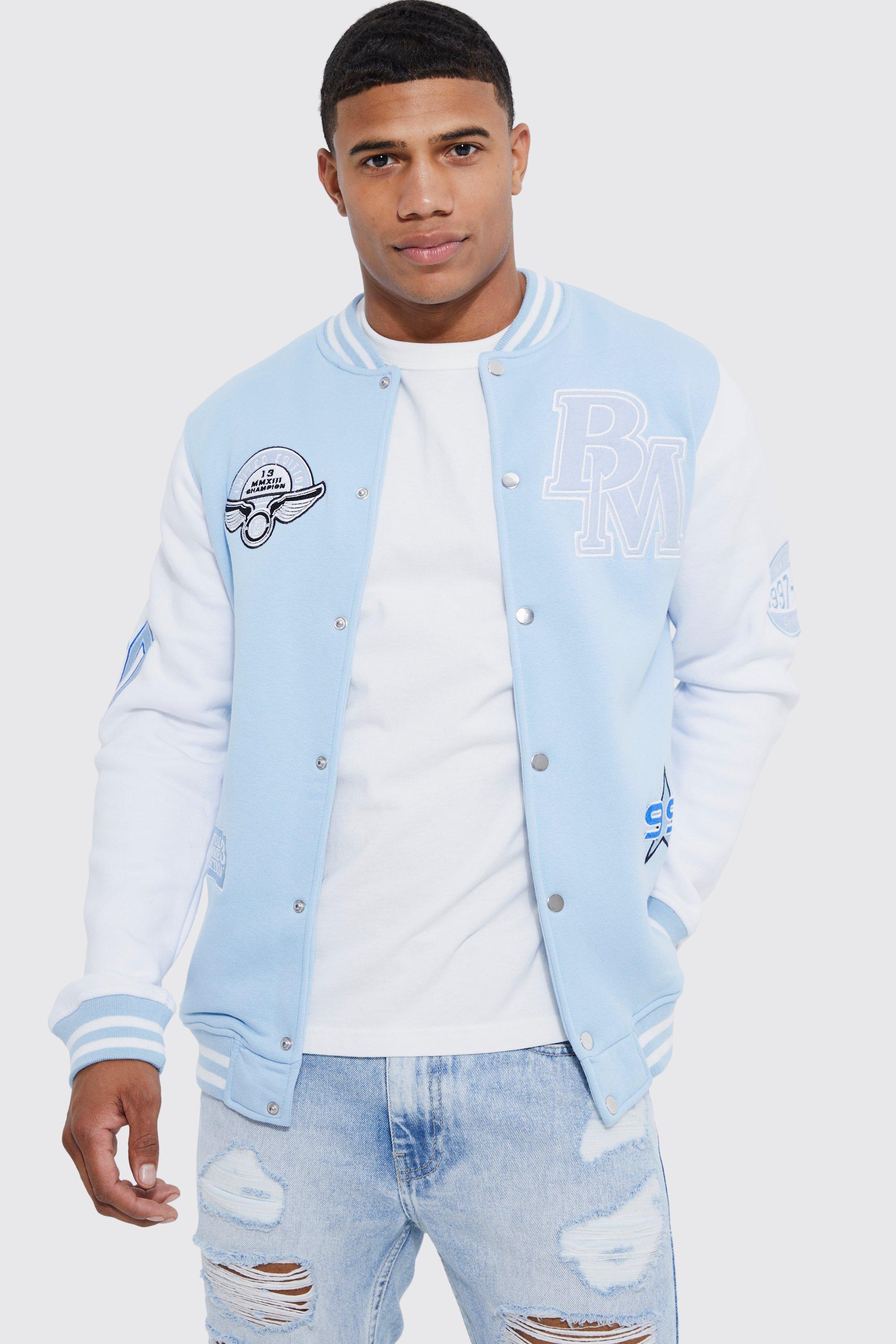 Mens Blue Members Club Applique Varsity Jacket, Blue