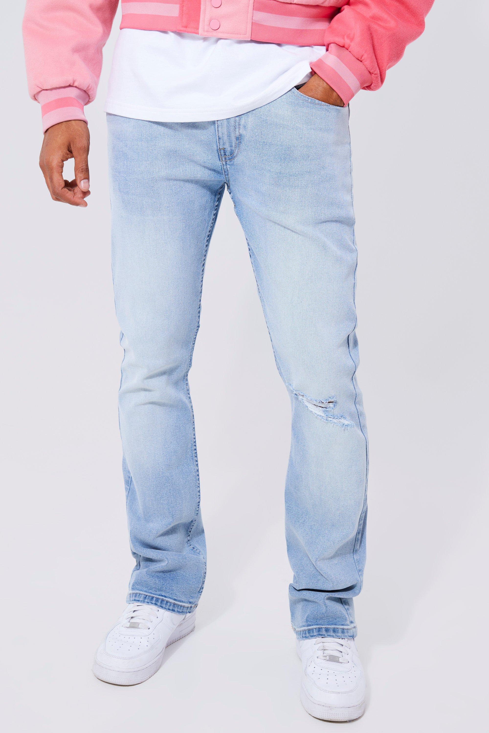 Image of Jeans a zampa Skinny Fit con pieghe sul fondo e strappi sul ginocchio, Azzurro
