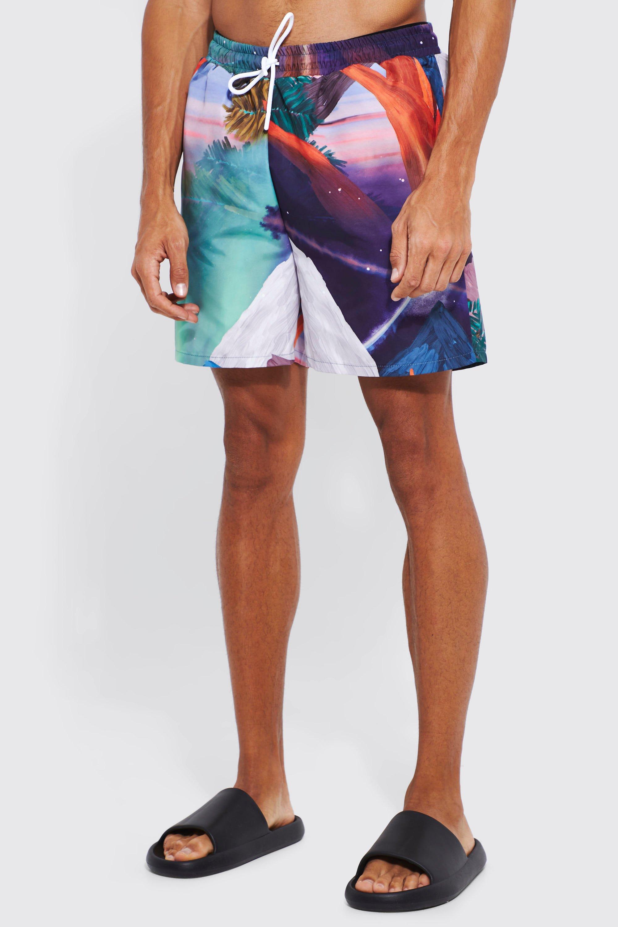 Mens Multi Tall Short Length Abstract Swim Shorts, Multi