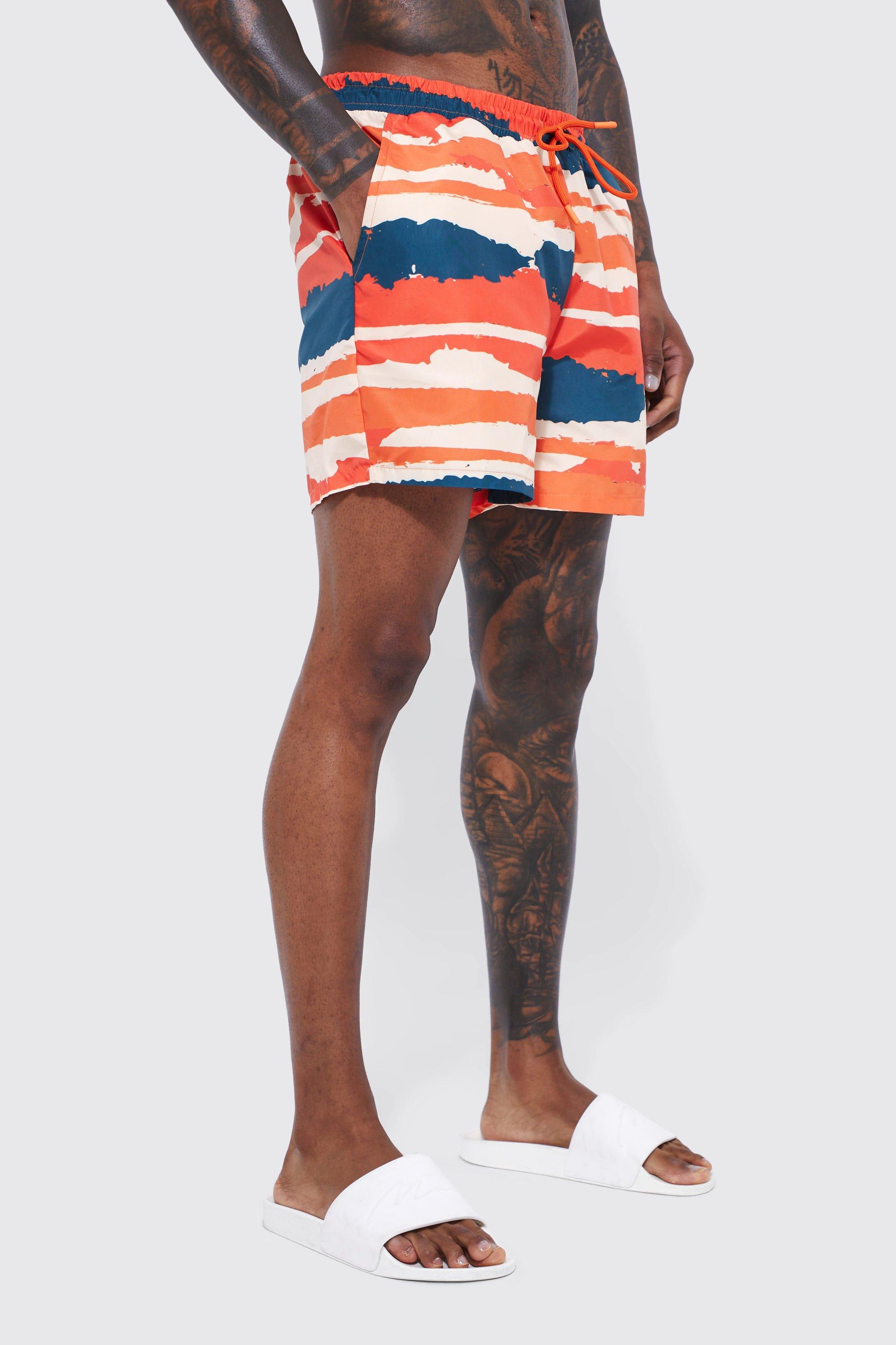 Mens Multi Short Length Blurred Stripe Swim Shorts, Multi