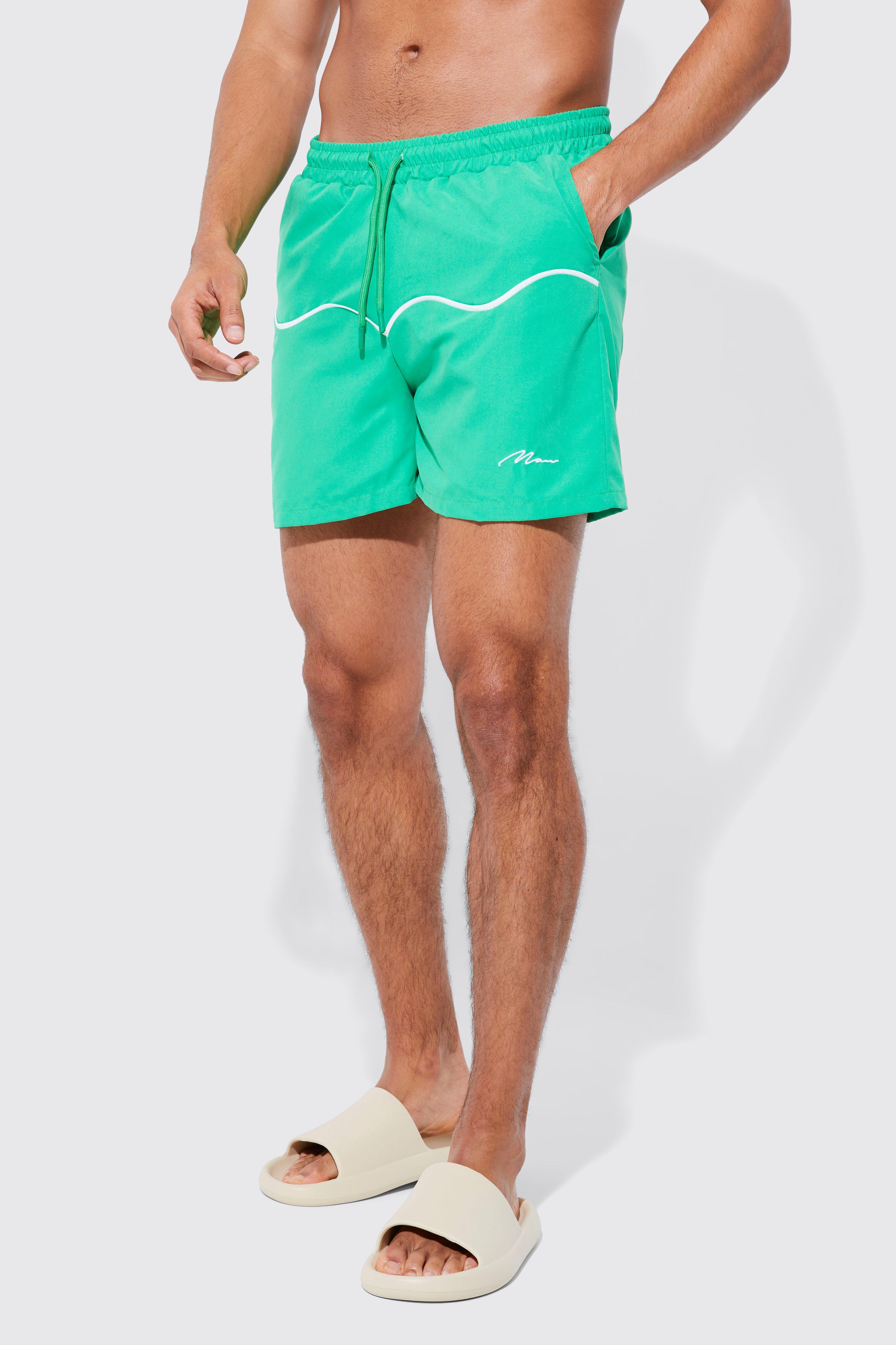 Mens Green Short Length Official Man Piping Swim Shorts, Green