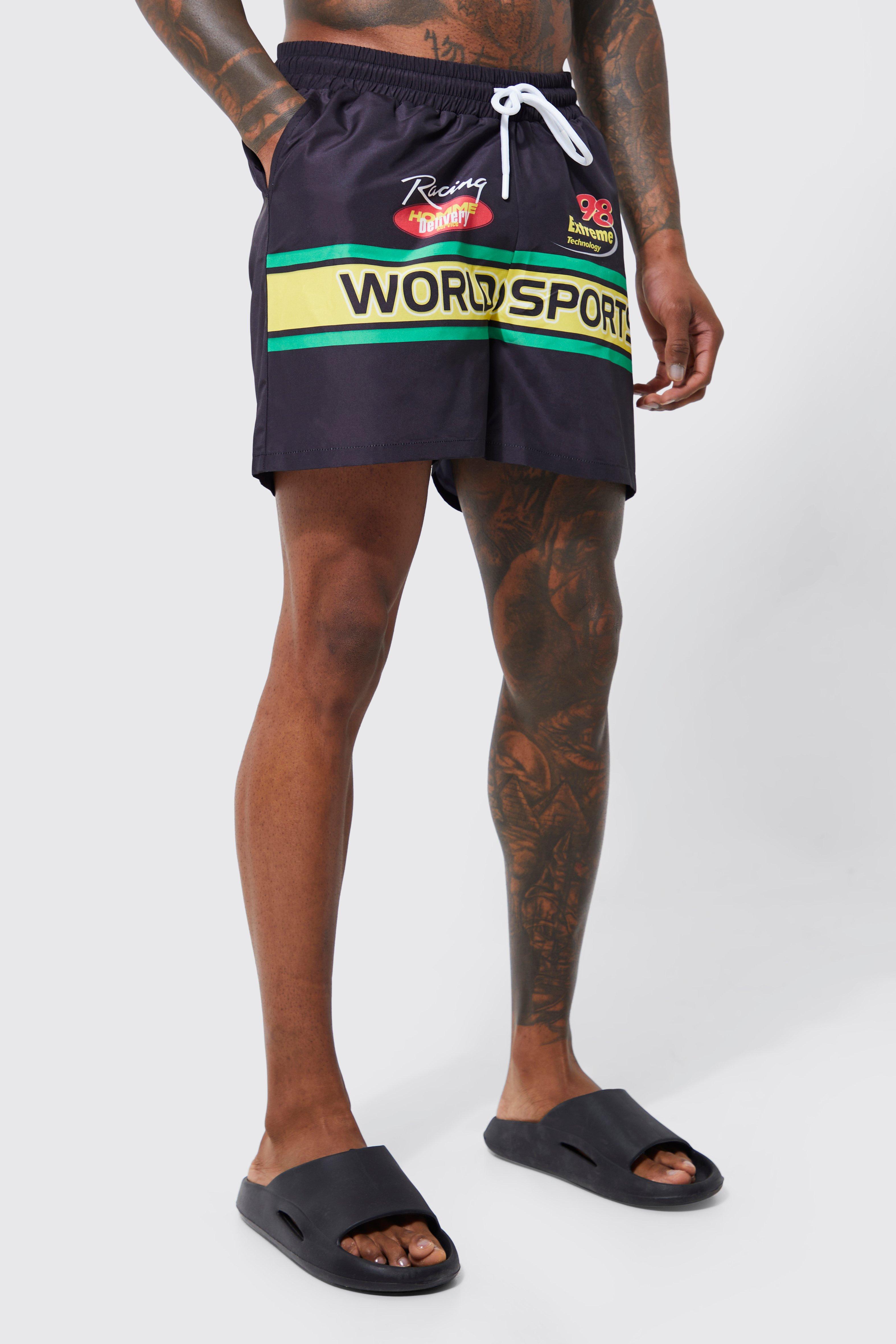 Mens Green Short Length Moto Swim Shorts, Green