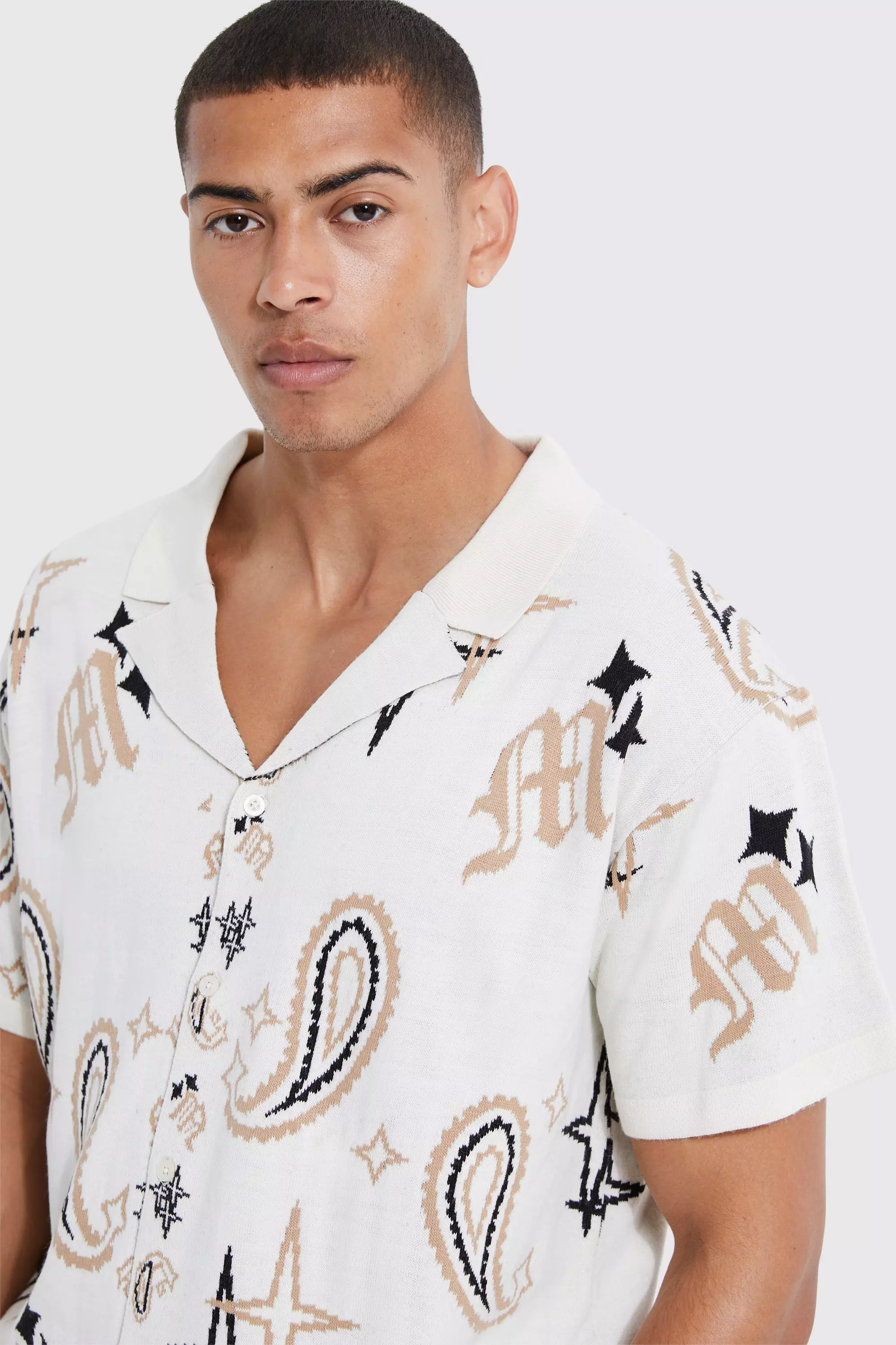 Short Sleeve Boxy Bandana Knitted Shirt