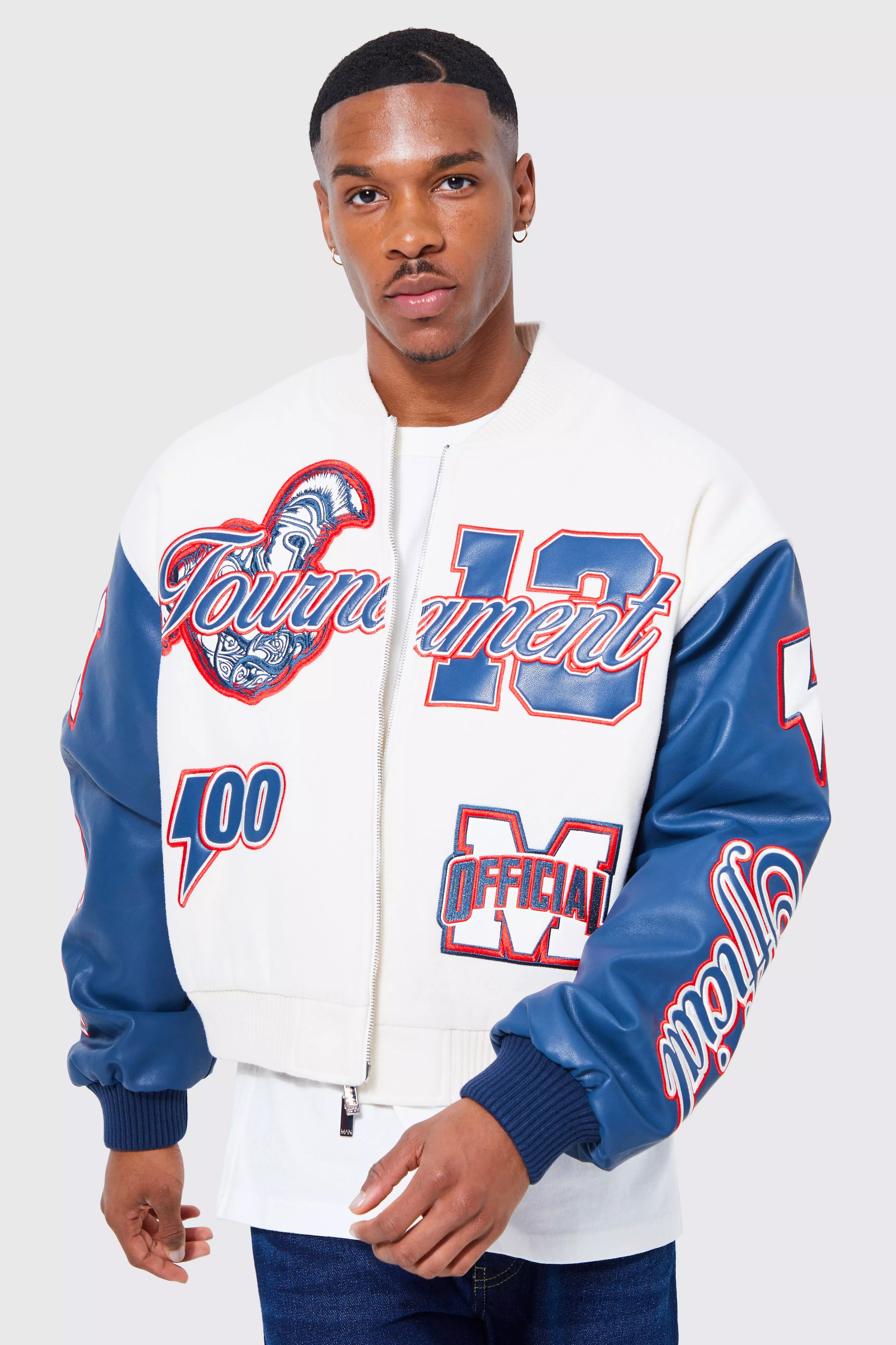 Boxy Official Melton Varsity Jacket | boohooMAN UK