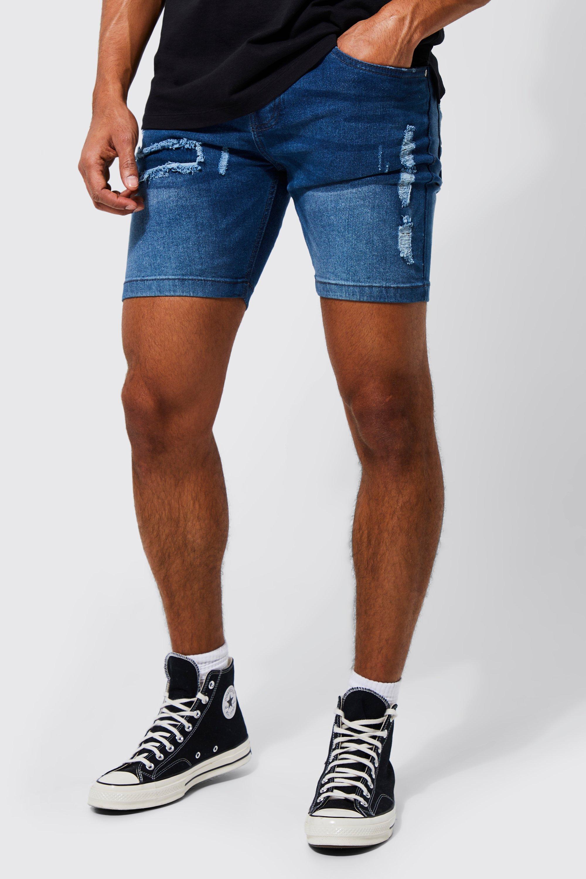 men's skinny stretch rip and repair denim shorts - blue - m, blue