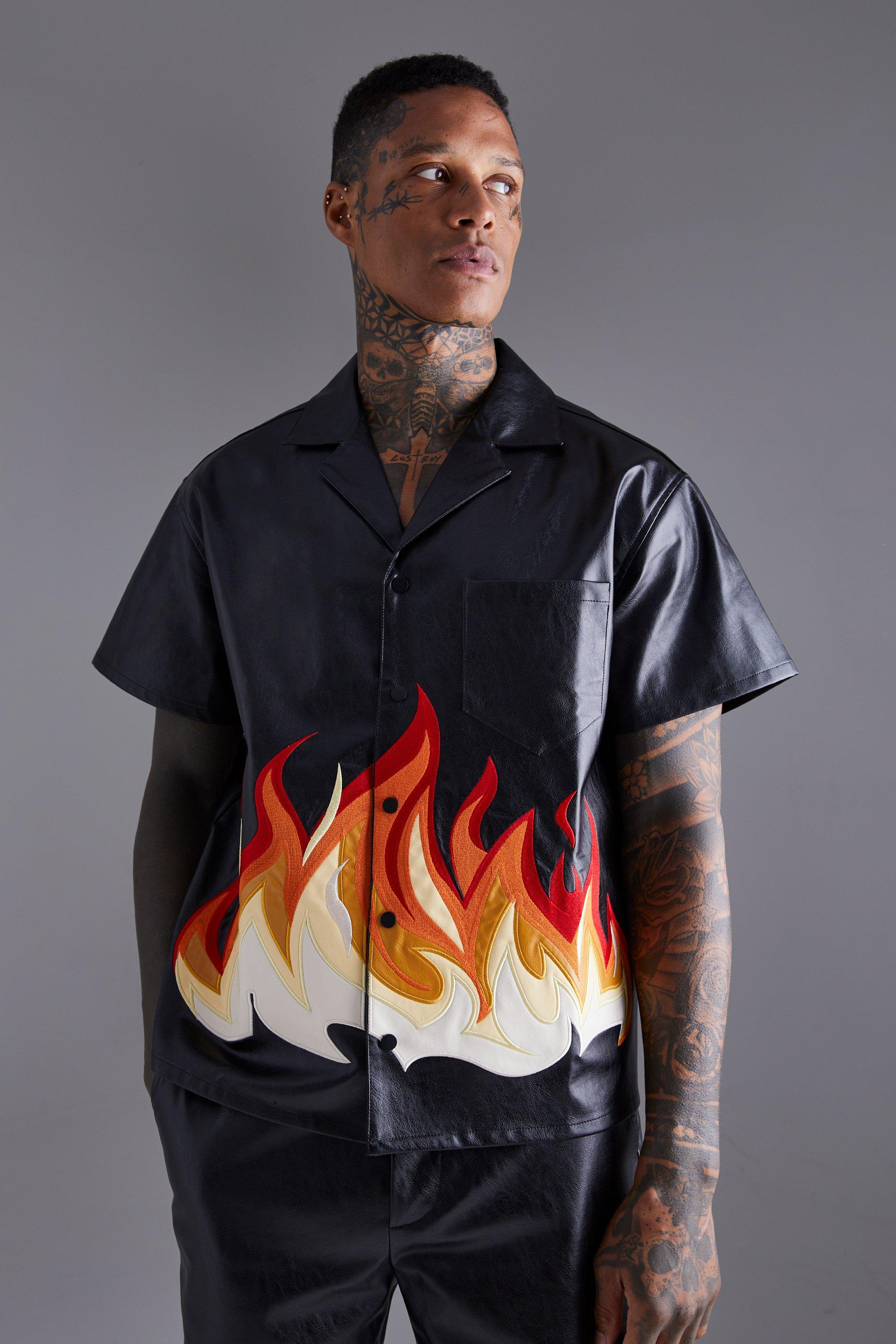 Mens Black PU Short Sleeve Revere Boxy Flame Print Shirt, Black