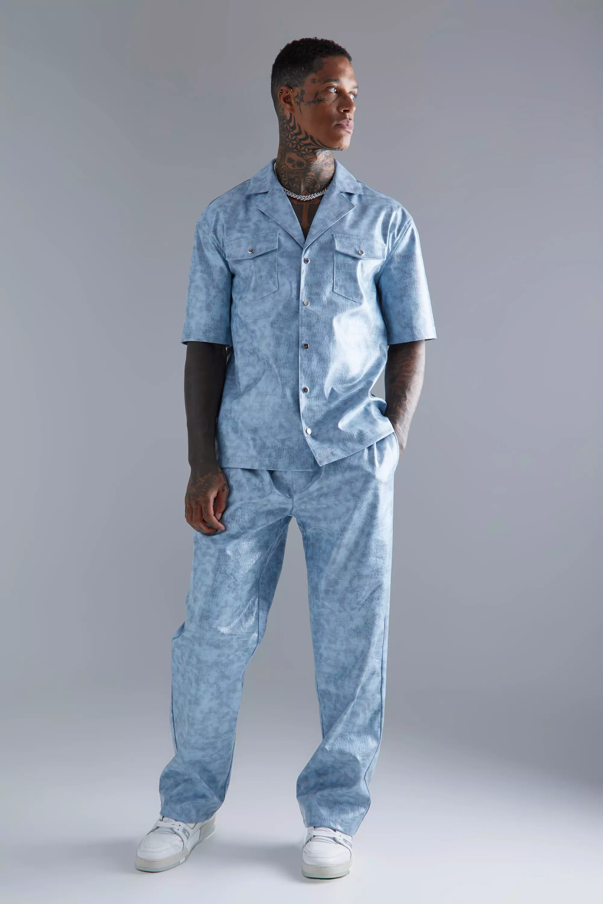 PU Short Sleeve Textured Shirt | boohooMAN USA