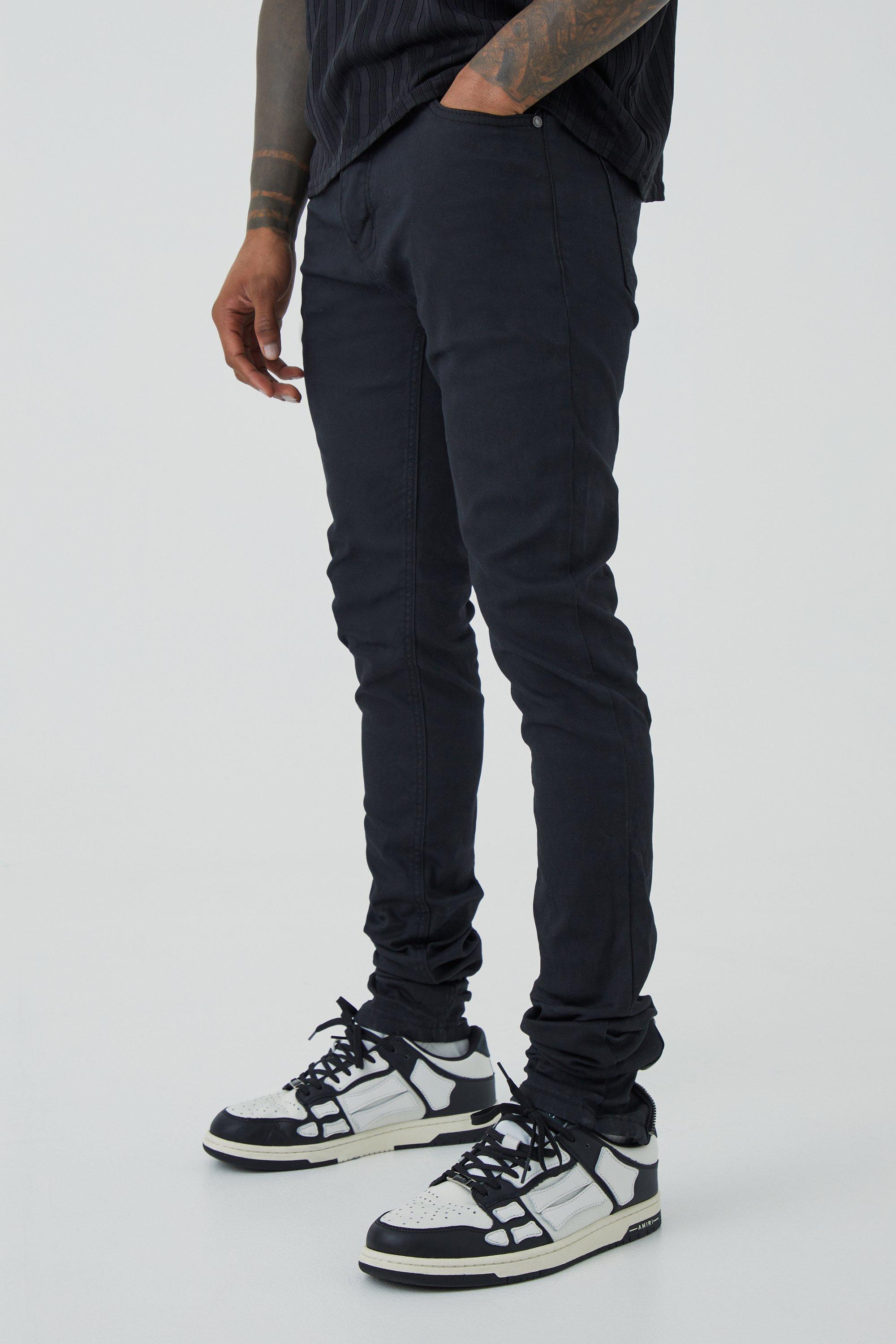 Mens Black Skinny Stacked Zip Gusset Coated Jean, Black