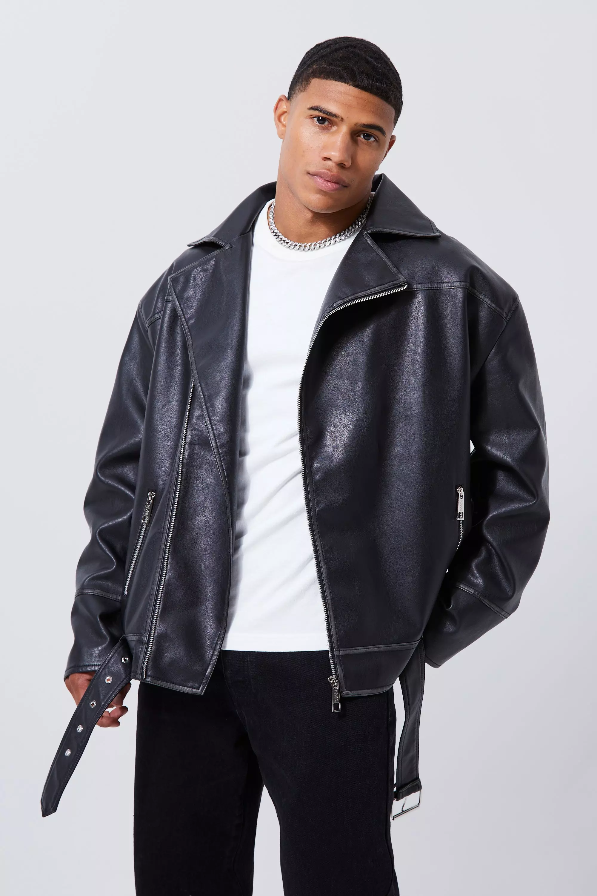 ASOS DESIGN oversized leather look biker jacket in white
