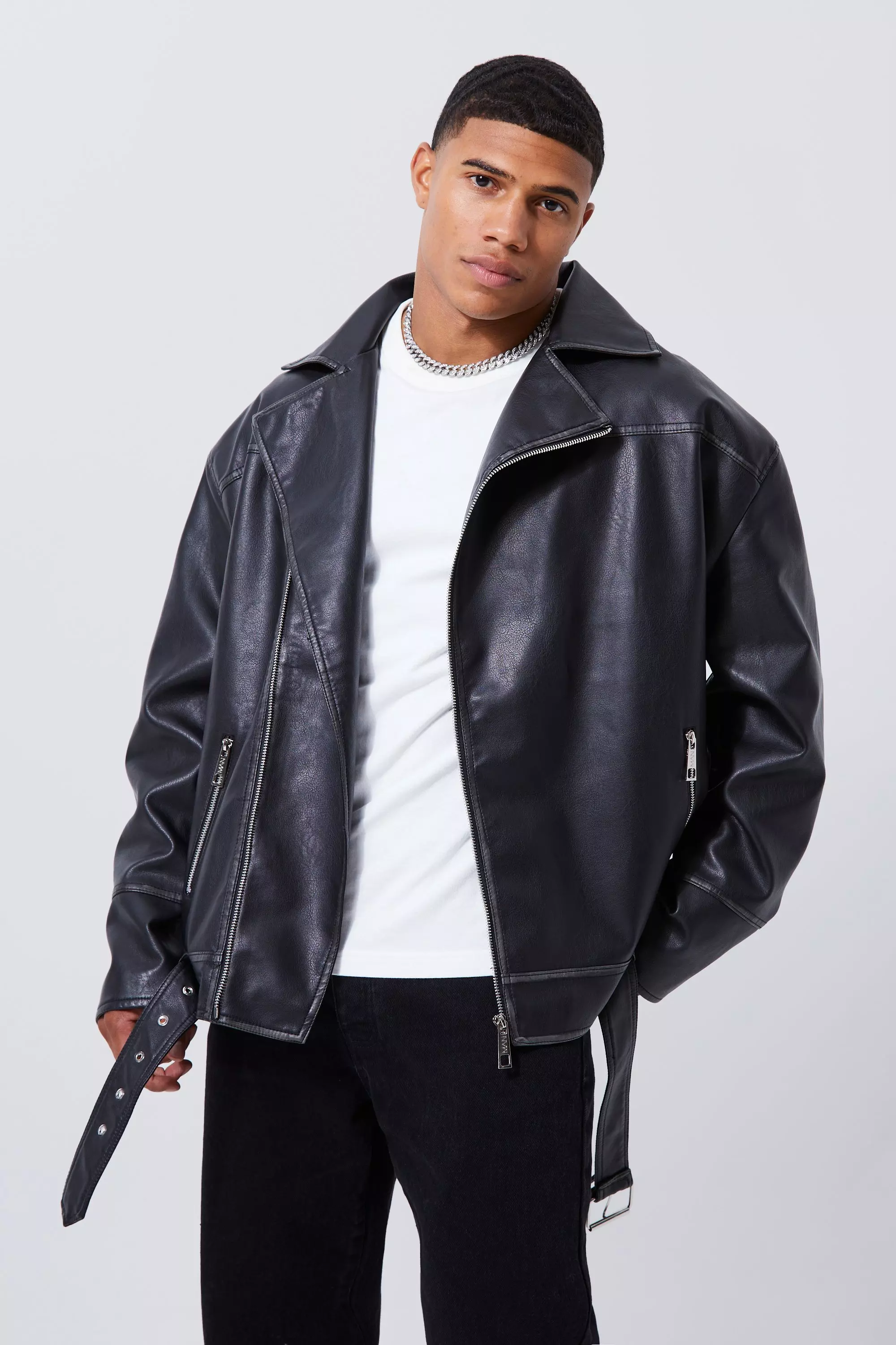 White Oversized Leather Biker Jacket - Maker of Jacket