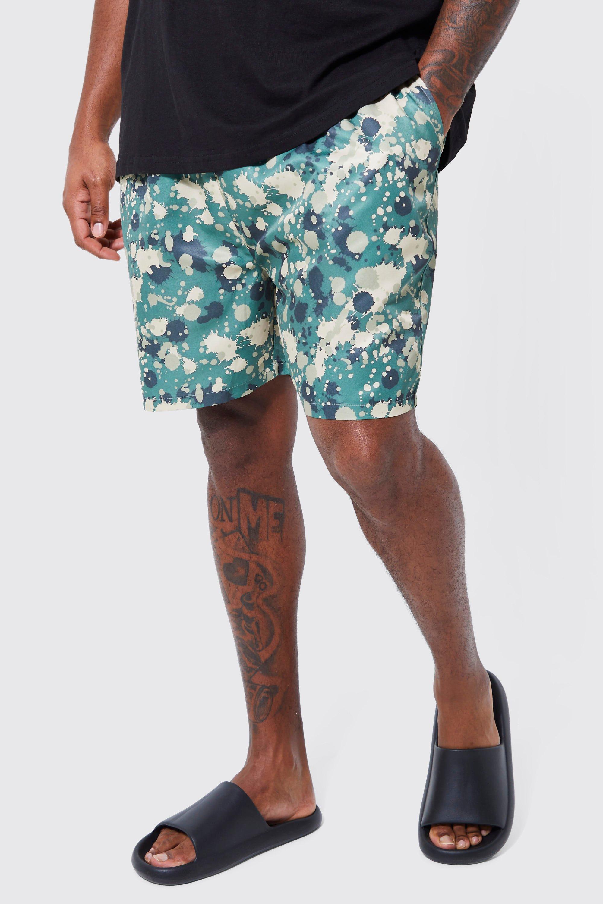 Mens Green Plus Mid Length Camo Swim Shorts, Green