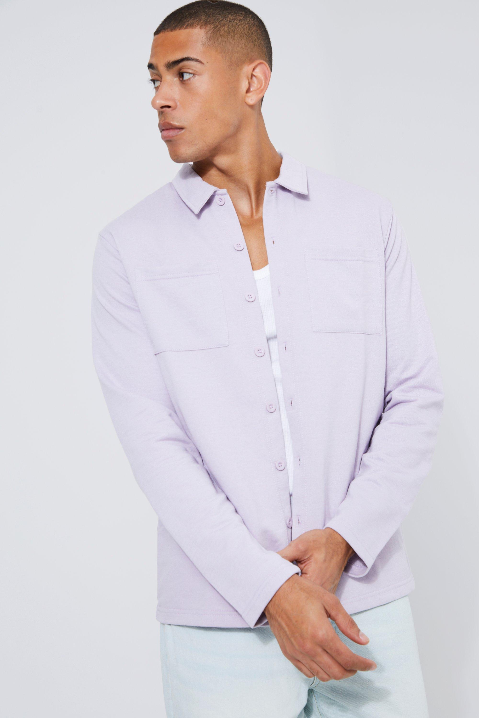 Mens Purple Jersey Utility Button Through Overshirt, Purple
