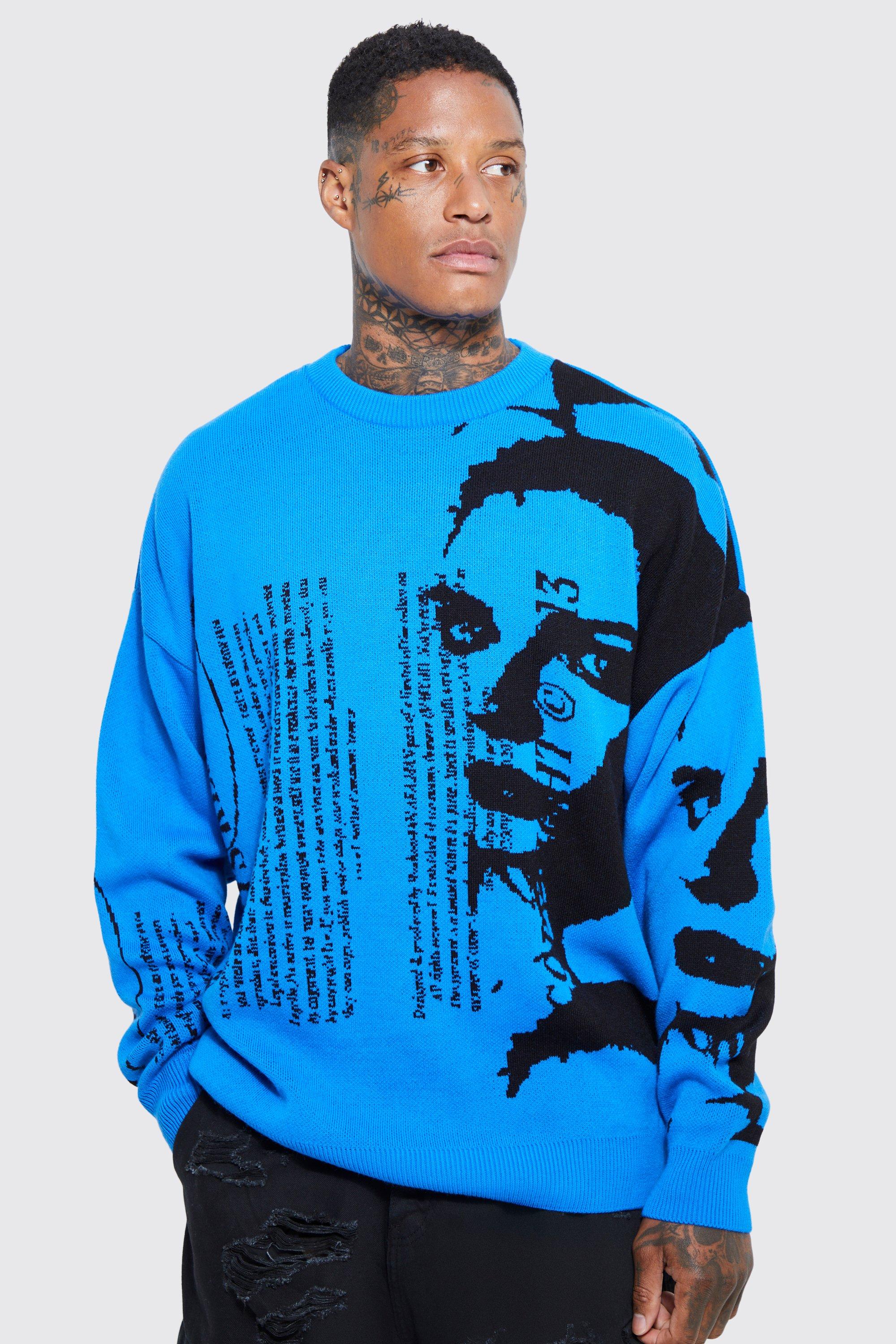 Mens Blue Oversized Portrait Text Knitted Jumper, Blue