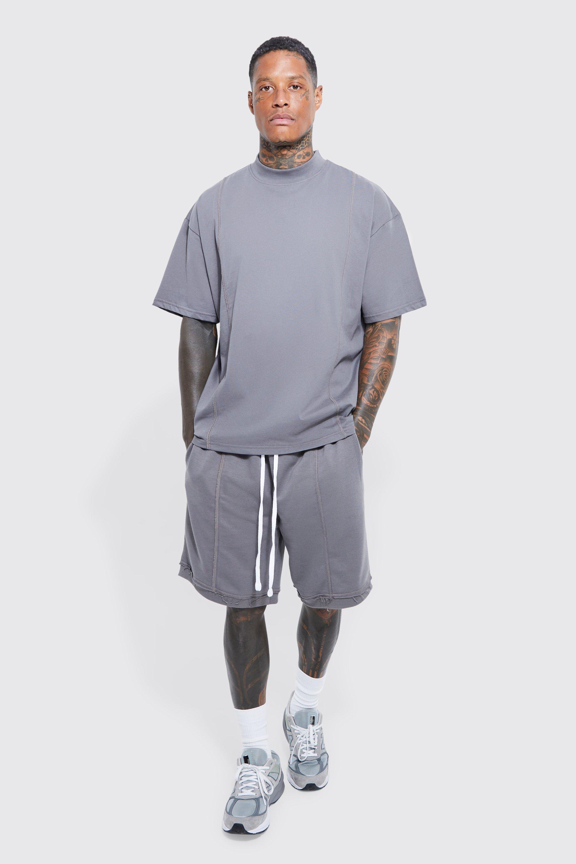 Mens Grey Oversized T-shirt & Dropped Crotch Short Set, Grey